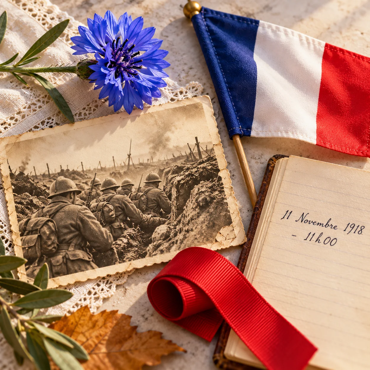 Flat-lay symboles du 11 novembre bleuet de France drapeau tricolore carte postale 1918 et date manuscrite