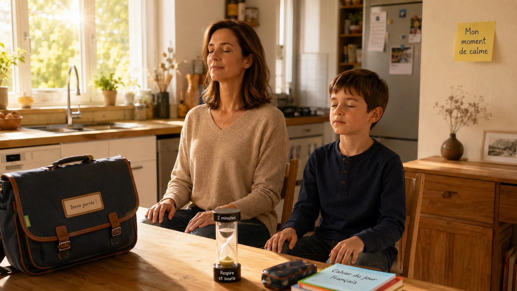 Mere et fils pratiquant un exercice de respiration ensemble a la table de cuisine le matin avant l'ecole, sablier de 2 minutes visible sur la table, cartable prepare