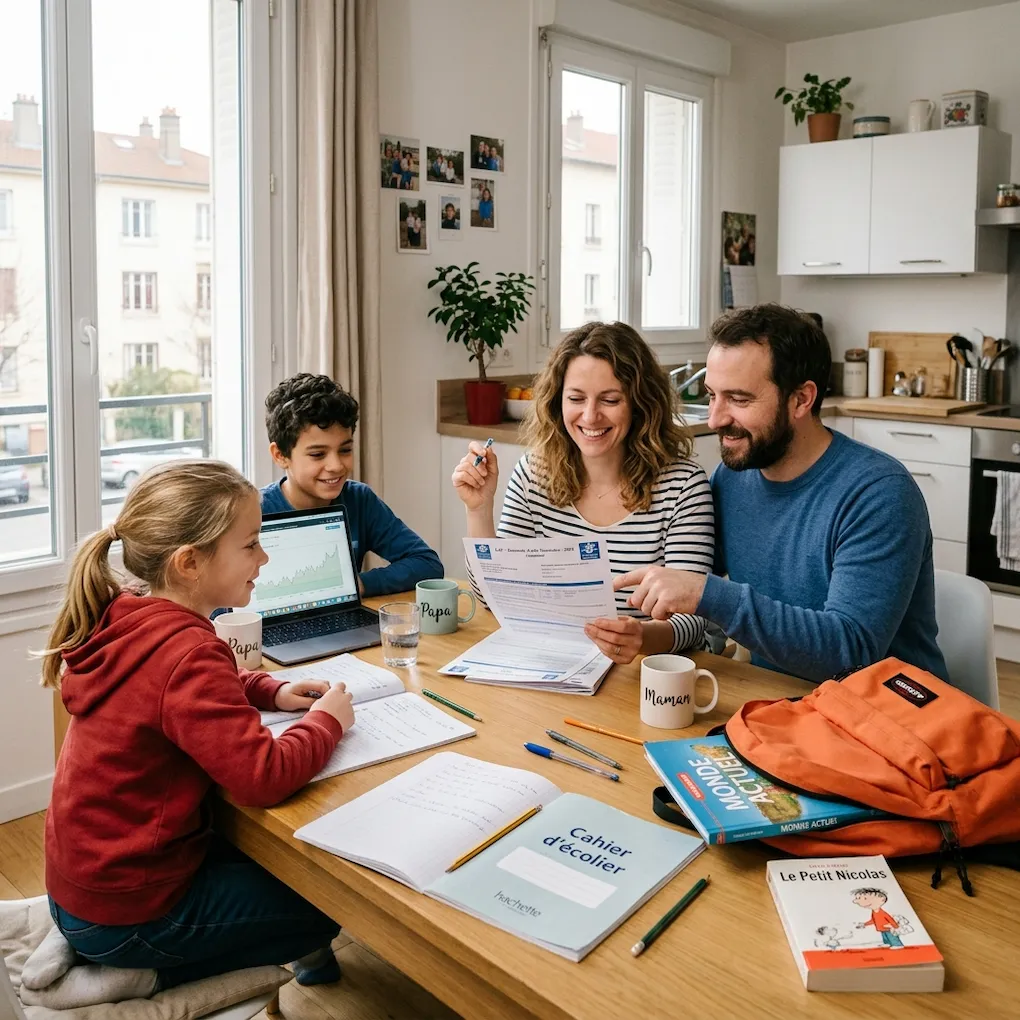 Famille française consultant les documents d'aide CAF pour la rentrée scolaire