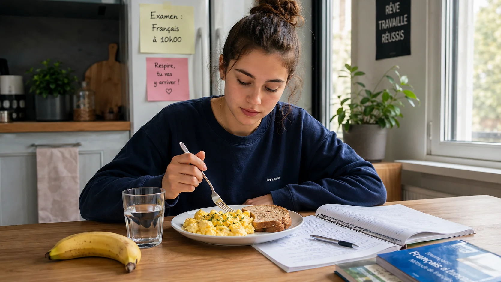 Une lycéenne française mange un petit déjeuner équilibré composé d'œufs brouillés et de pain complet avant son examen, avec un cahier ouvert sur la table