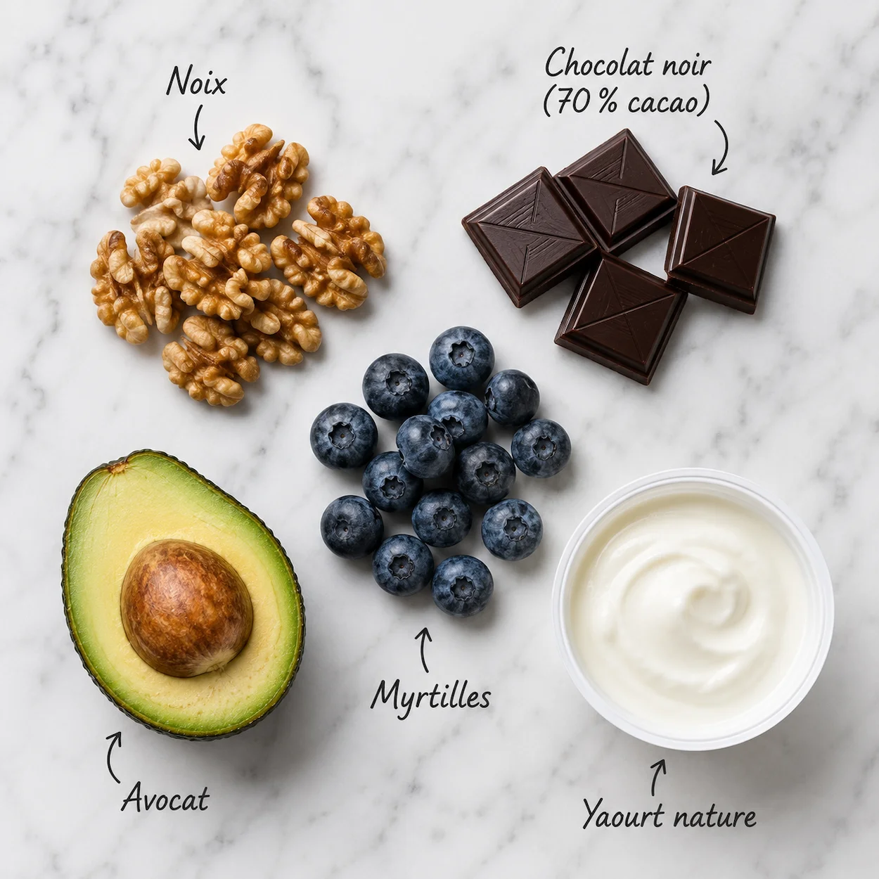 Sélection de superaliments pour le cerveau disposés sur marbre blanc : cerneaux de noix, carrés de chocolat noir, myrtilles fraîches, avocat et yaourt nature avec étiquettes en français