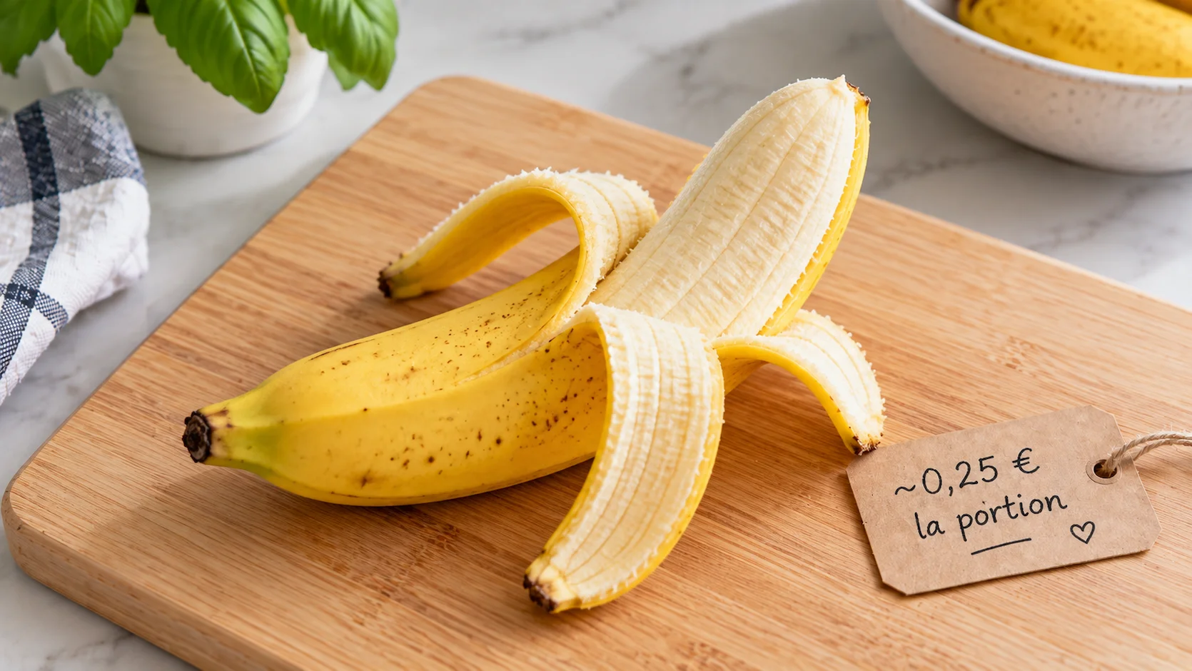 Banane jaune mûre à moitié épluchée sur une planche en bois avec étiquette prix 0,25 euro la portion en français