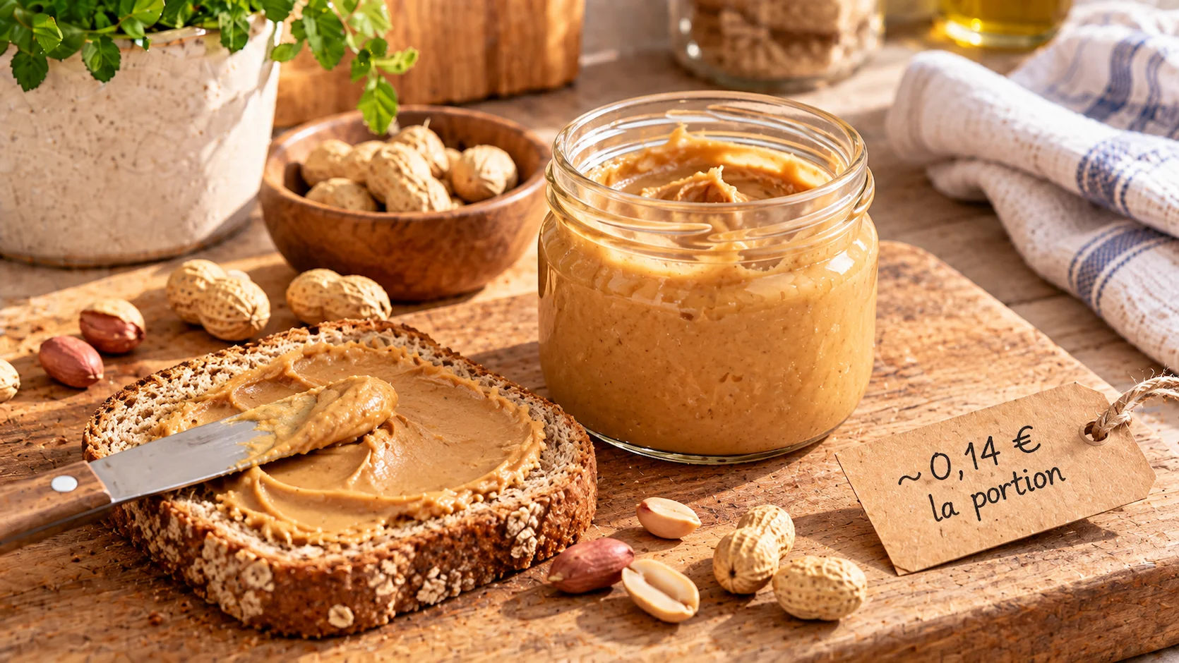 Pot ouvert de beurre de cacahuète naturel avec couteau étalant sur tranche de pain complet, cacahuètes entières éparpillées sur planche, étiquette prix 0,14 euro la portion en français