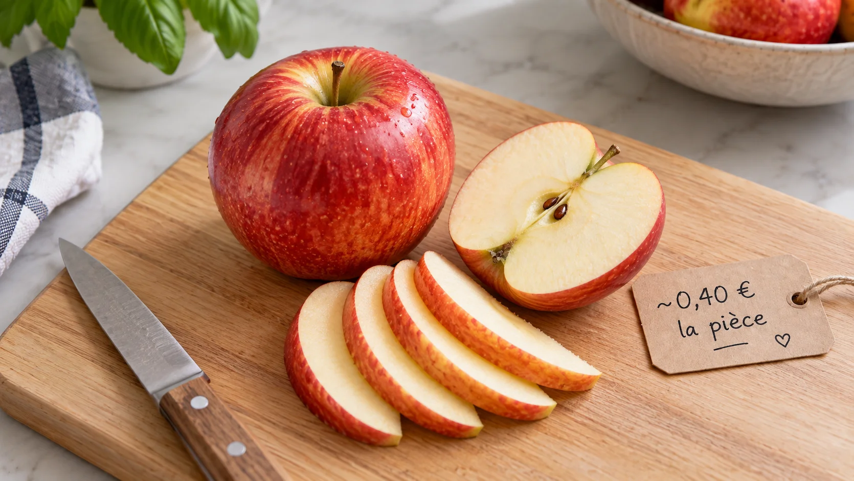 Pomme rouge entière et pomme coupée en quartiers en éventail sur planche en bois, étiquette prix 0,40 euro la pièce en français