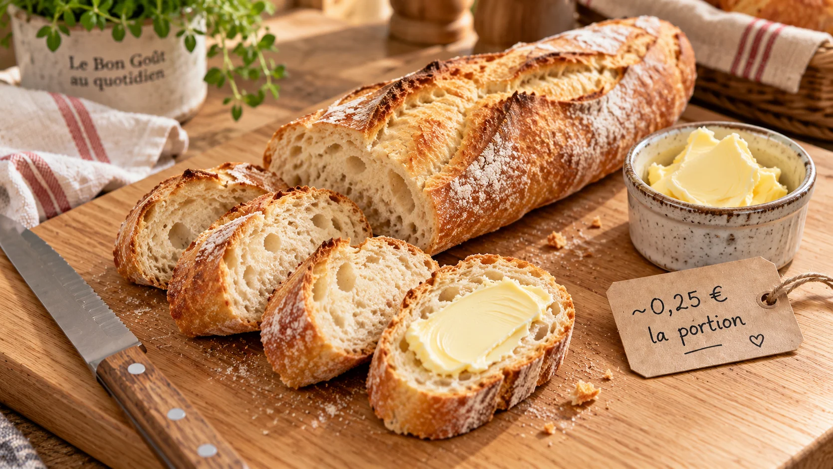 Tranches épaisses de baguette française sur planche en bois avec petit pot de beurre, étiquette prix 0,25 euro la portion en français