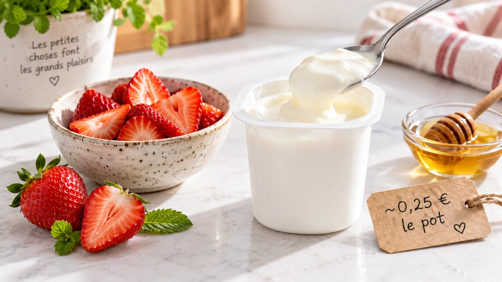 Pot de yaourt nature ouvert avec cuillère et bol de fraises fraîches à côté, étiquette prix 0,25 euro le pot en français