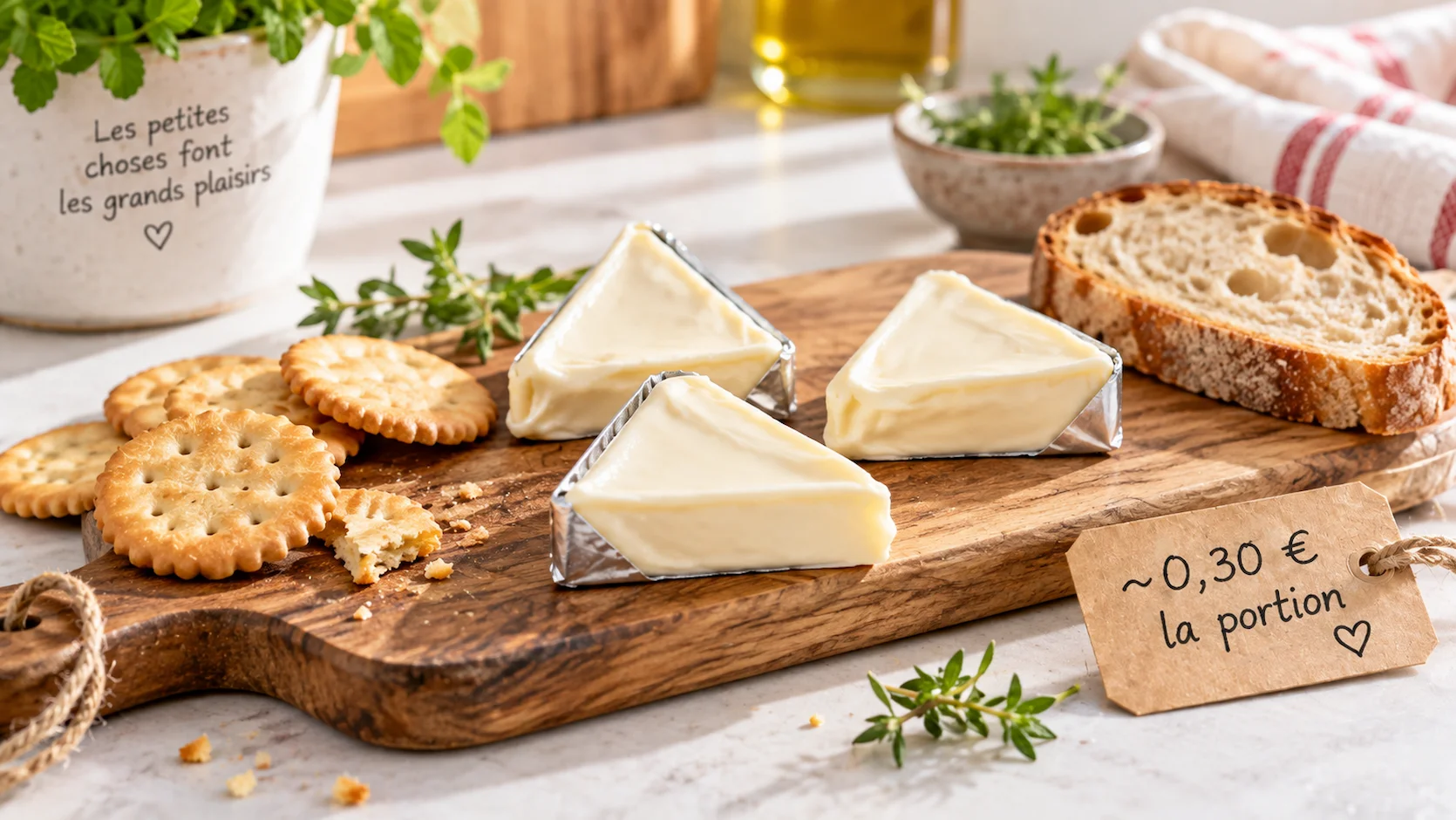 Trois portions de fromage individuel déballées sur planche en bois avec crackers et tranches de pain, étiquette prix 0,30 euro la portion en français