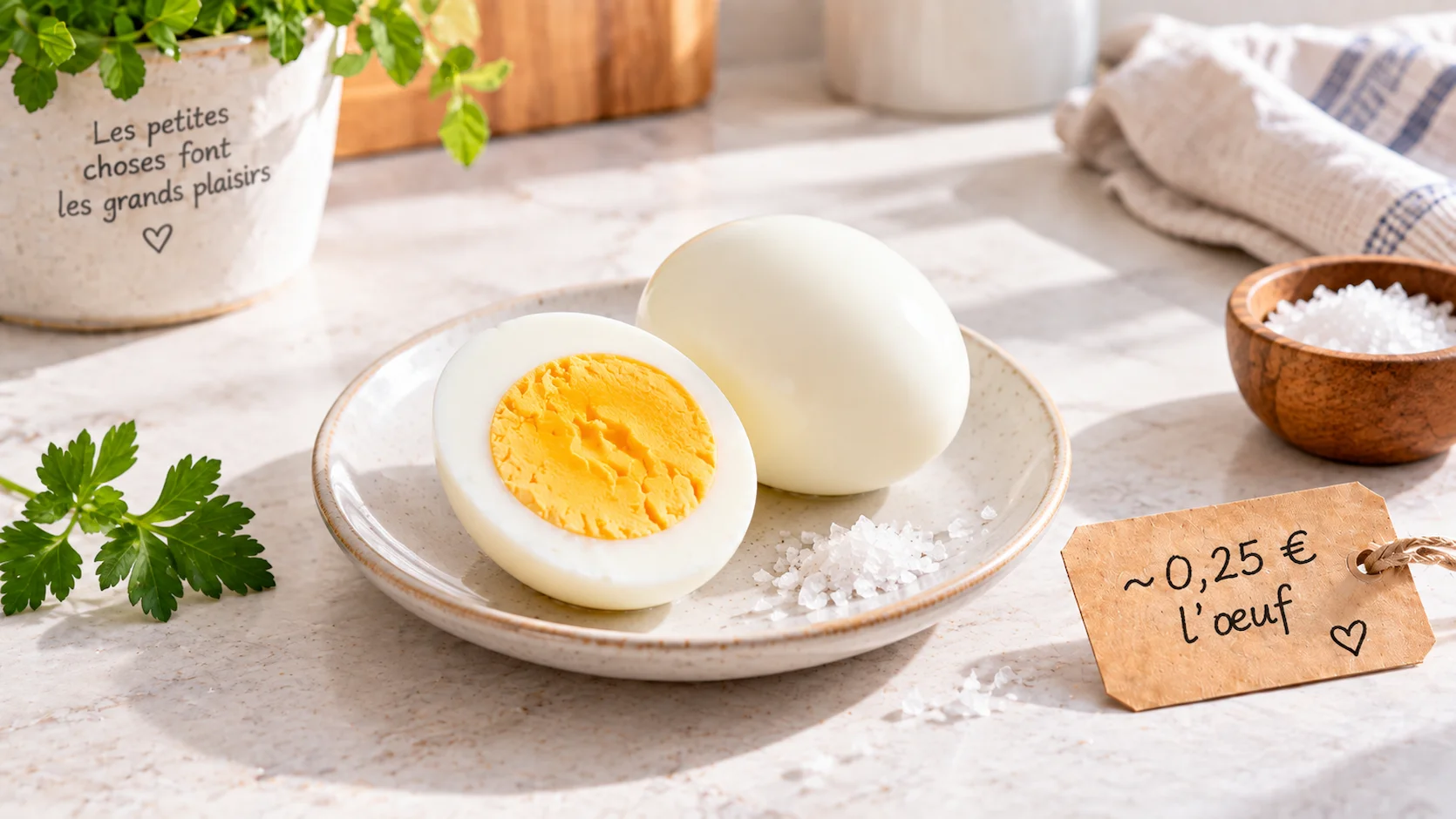 Deux œufs durs sur petite assiette blanche, un entier et un coupé en deux montrant le jaune parfaitement cuit, pincée de fleur de sel à côté, étiquette prix 0,25 euro l'oeuf en français