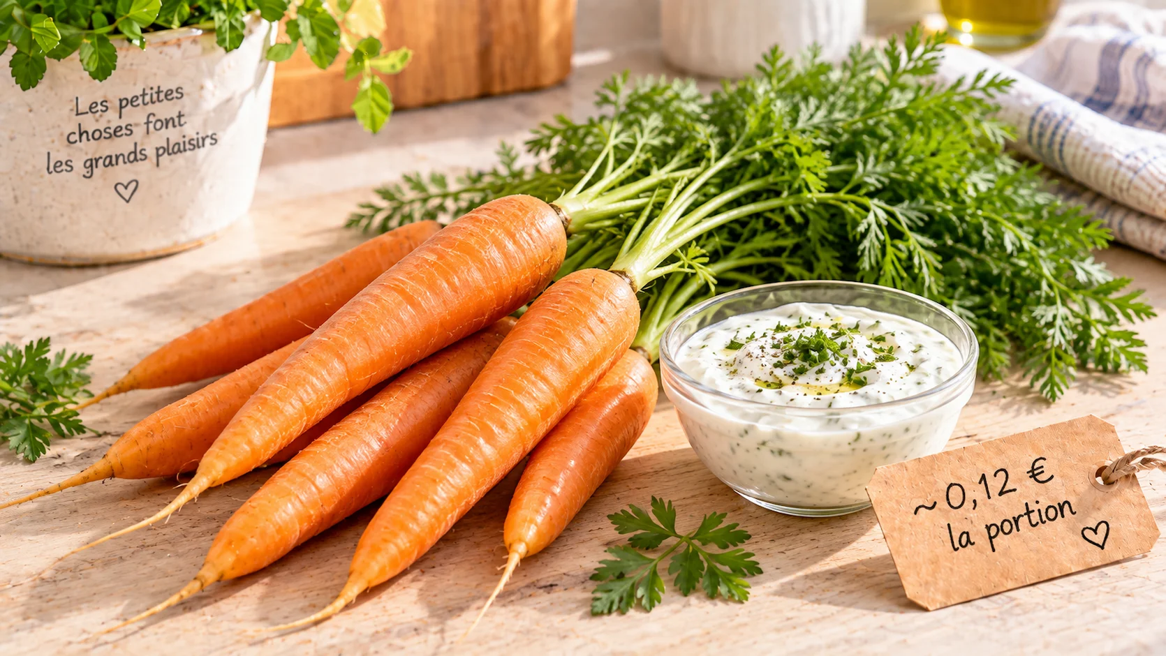 Bouquet de carottes fraîches avec fanes vertes sur surface en bois, petit bol de sauce yaourt à côté, étiquette prix 0,12 euro la portion en français