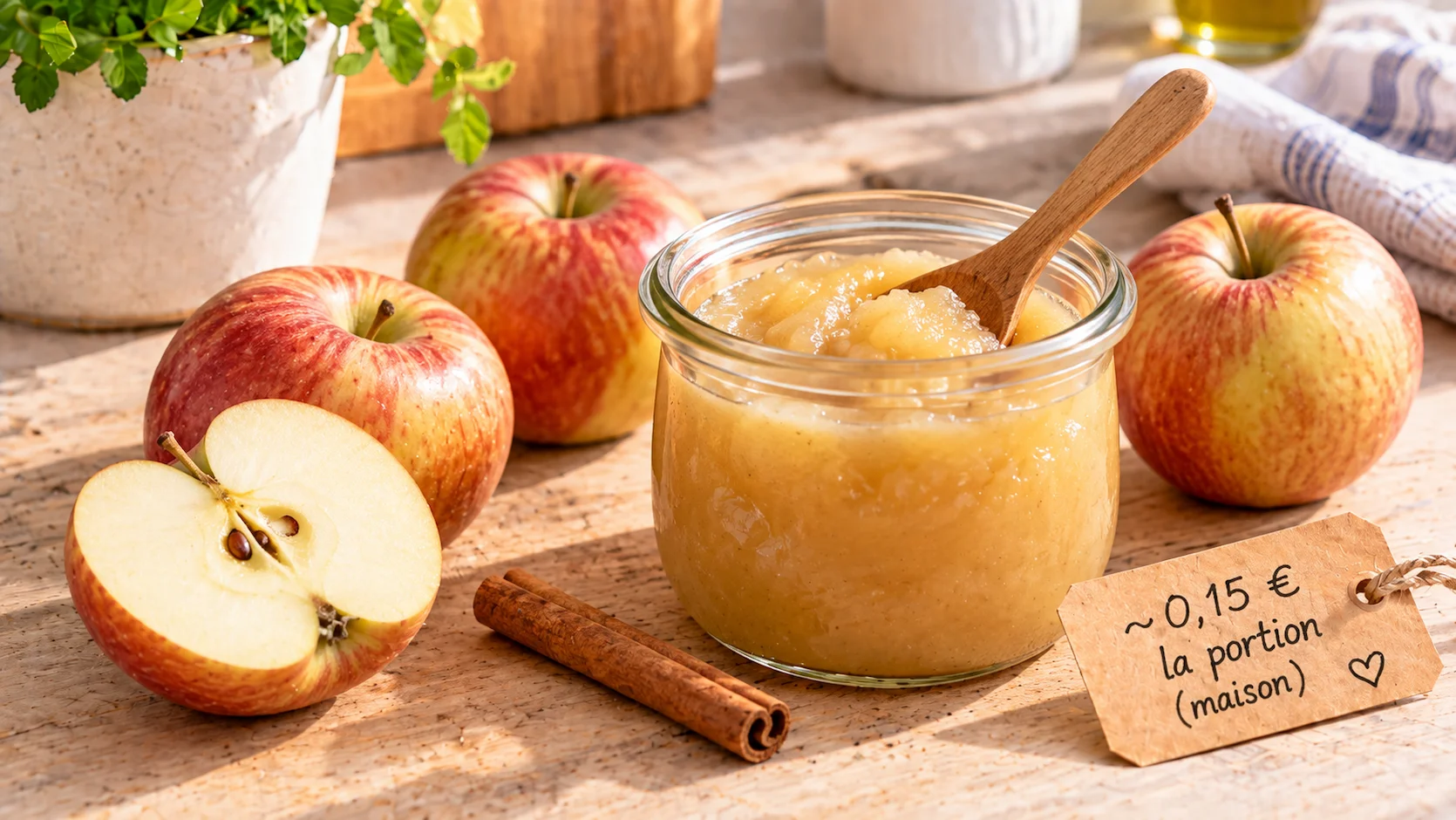Petit bocal en verre de compote de pommes maison avec cuillère en bois, pommes entières et bâton de cannelle autour, étiquette prix 0,15 euro la portion maison en français
