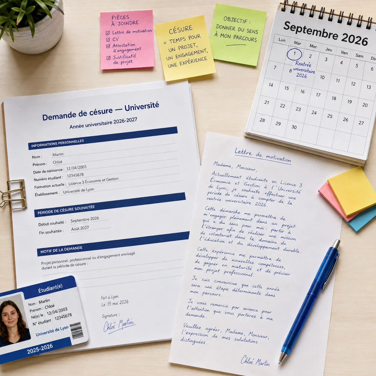 Flat-lay d un dossier de demande de césure : formulaire Demande de césure Université en français, lettre de motivation manuscrite, carte étudiante, stylo bleu et post-its colorés sur bureau clair