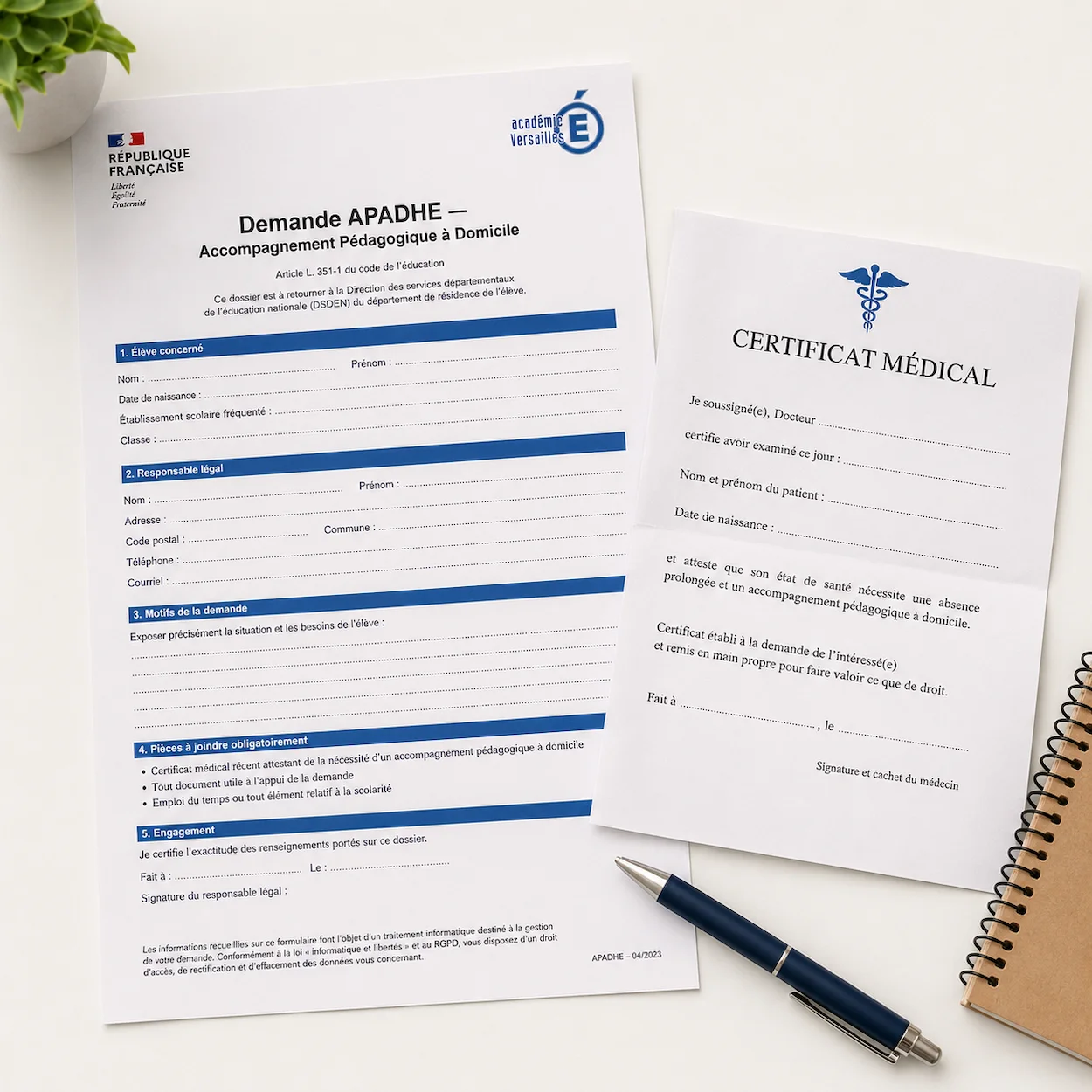 Formulaire officiel de demande APADHE, certificat médical et stylo posés sur un bureau blanc