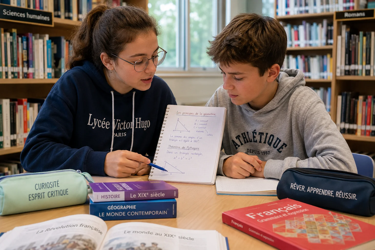 Deux collégiens français travaillent ensemble dans une bibliothèque, l'un expliquant quelque chose à l'autre à partir de notes avec des schémas