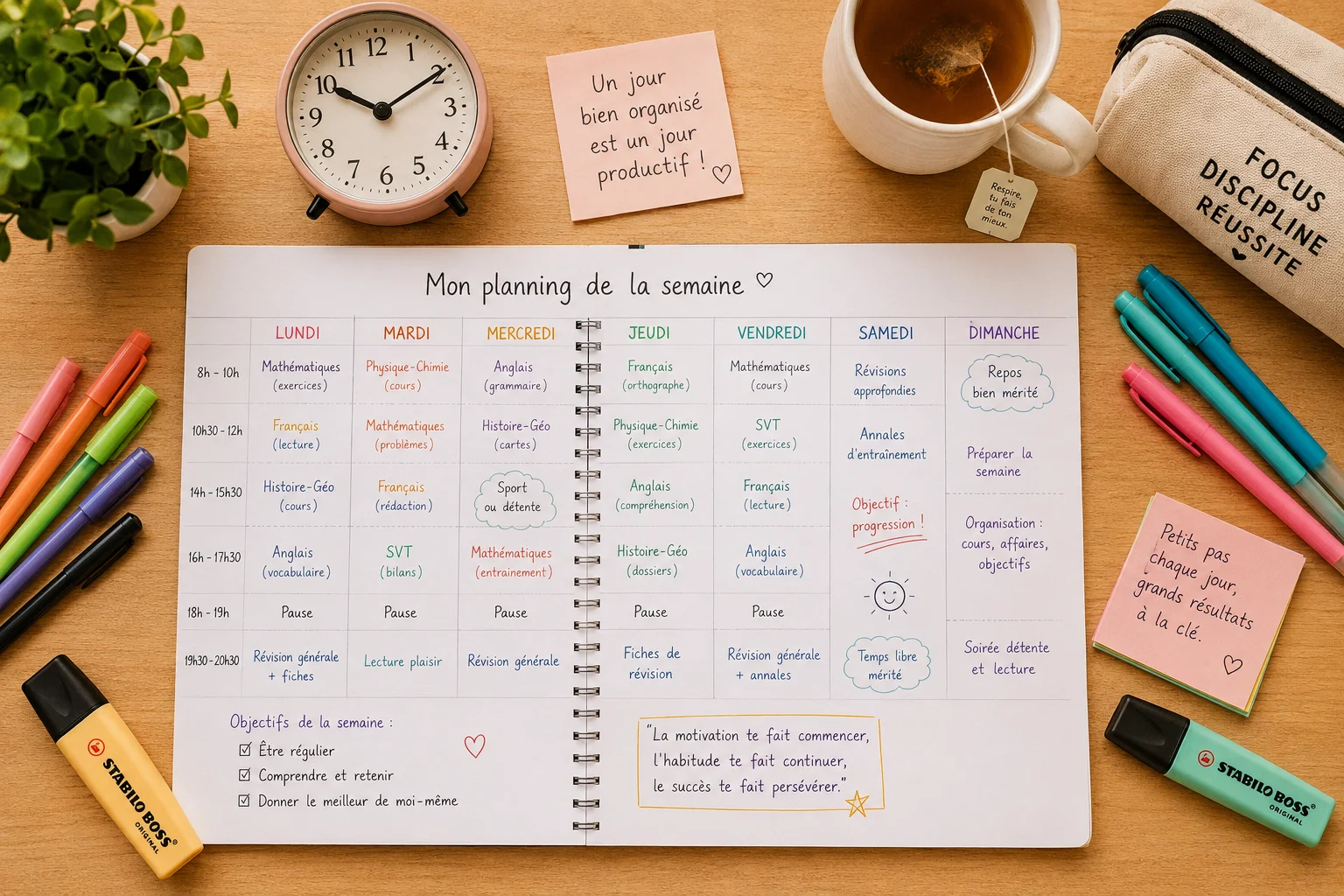 Vue du dessus d'un planning hebdomadaire de révision rempli en français avec des créneaux horaires par matière, des stylos colorés et une tasse de thé sur le bureau