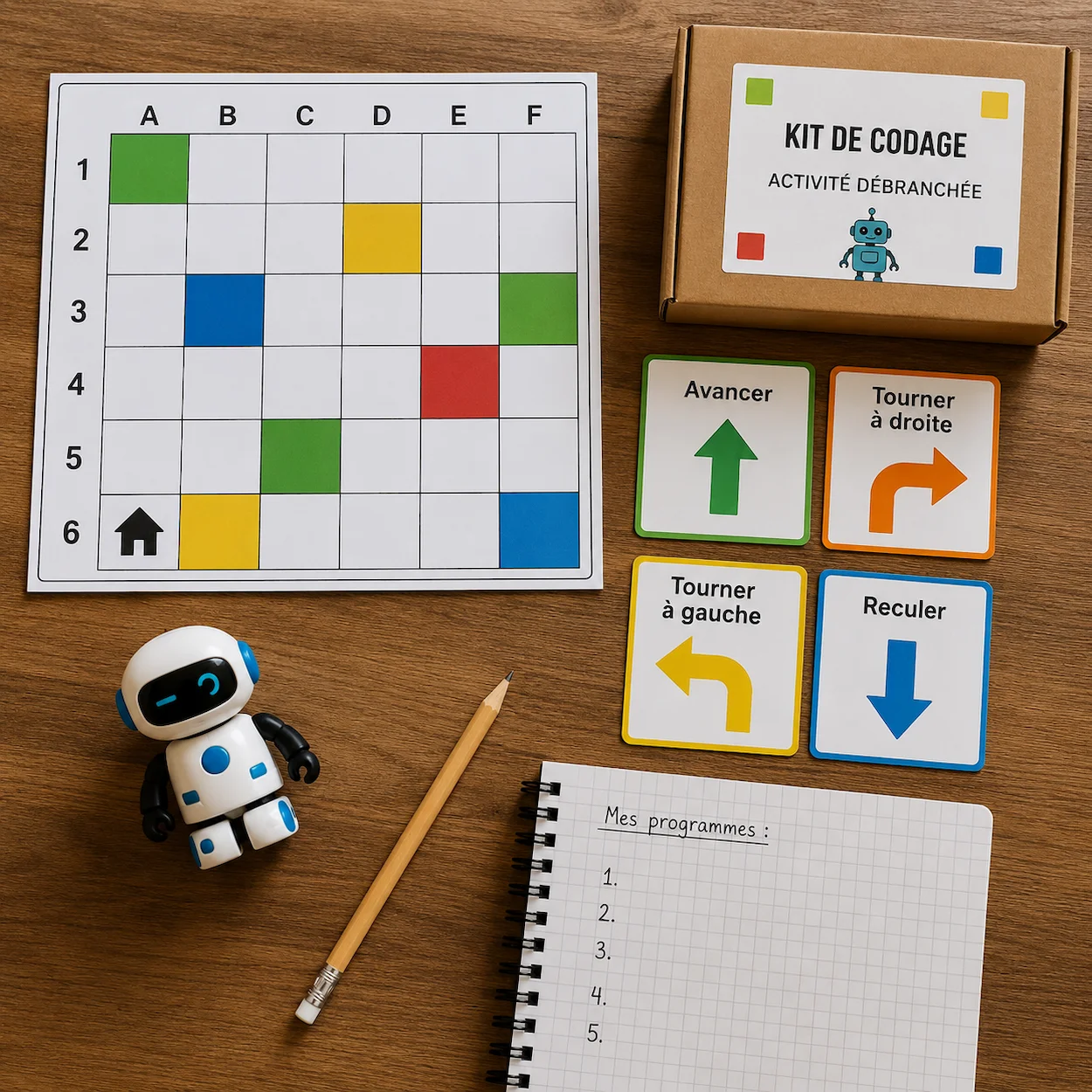 Flat-lay kit codage débranché sur table bois : grille quadrillée colorée, cartes direction en français Avancer Tourner à droite Tourner à gauche Reculer, figurine robot plastique, crayon et cahier, sans aucun écran
