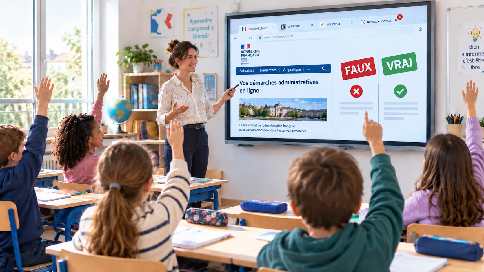 Salle de classe française lumineuse : une enseignante montre un tableau interactif avec deux sites web côte à côte, l'un étiqueté FAUX en rouge et l'autre VRAI en vert, des élèves de 8-10 ans lèvent la main avec enthousiasme