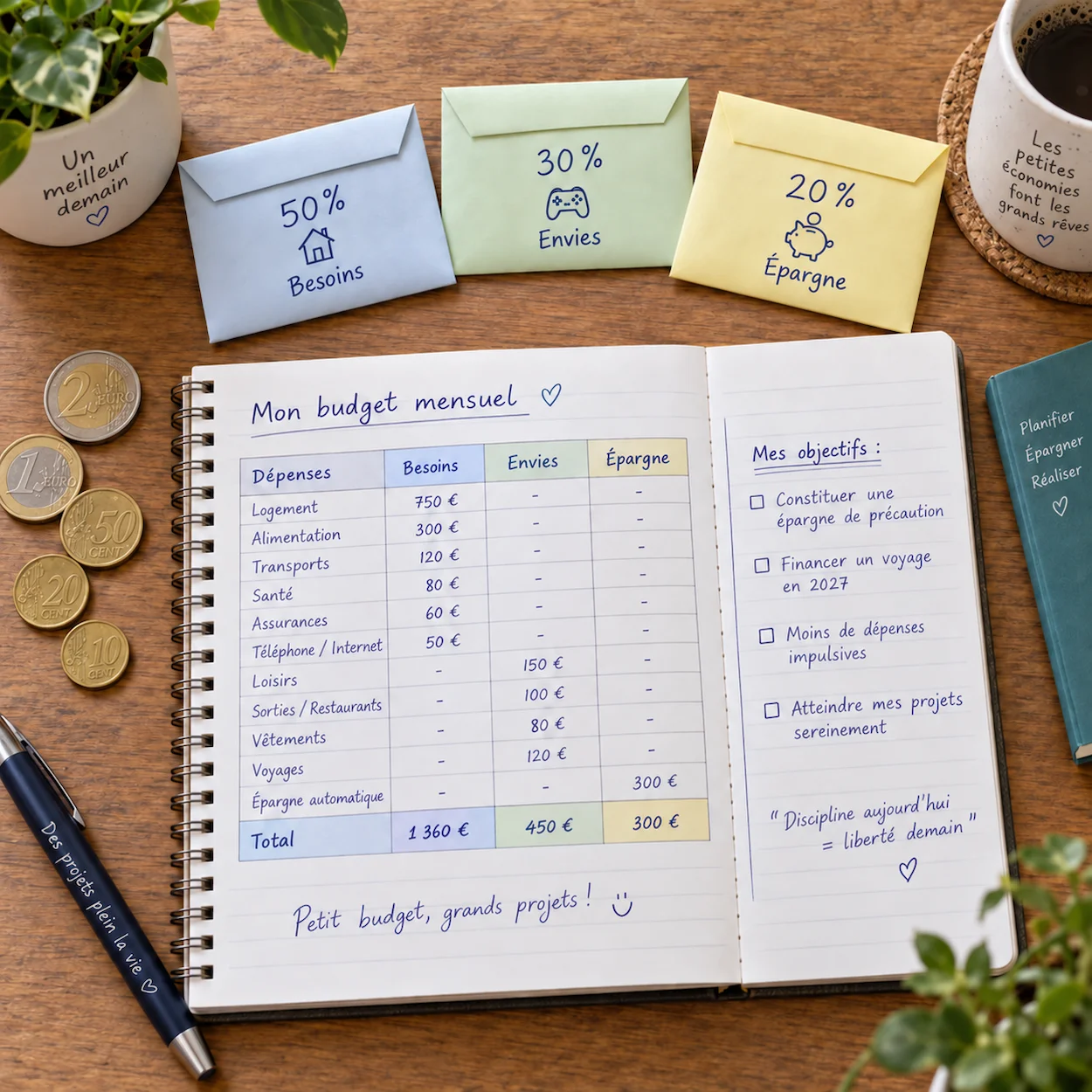 Cahier de suivi budgétaire ouvert avec colonnes Dépenses Besoins Envies Épargne en français, stylo, pièces euro et trois enveloppes 50% 30% 20%