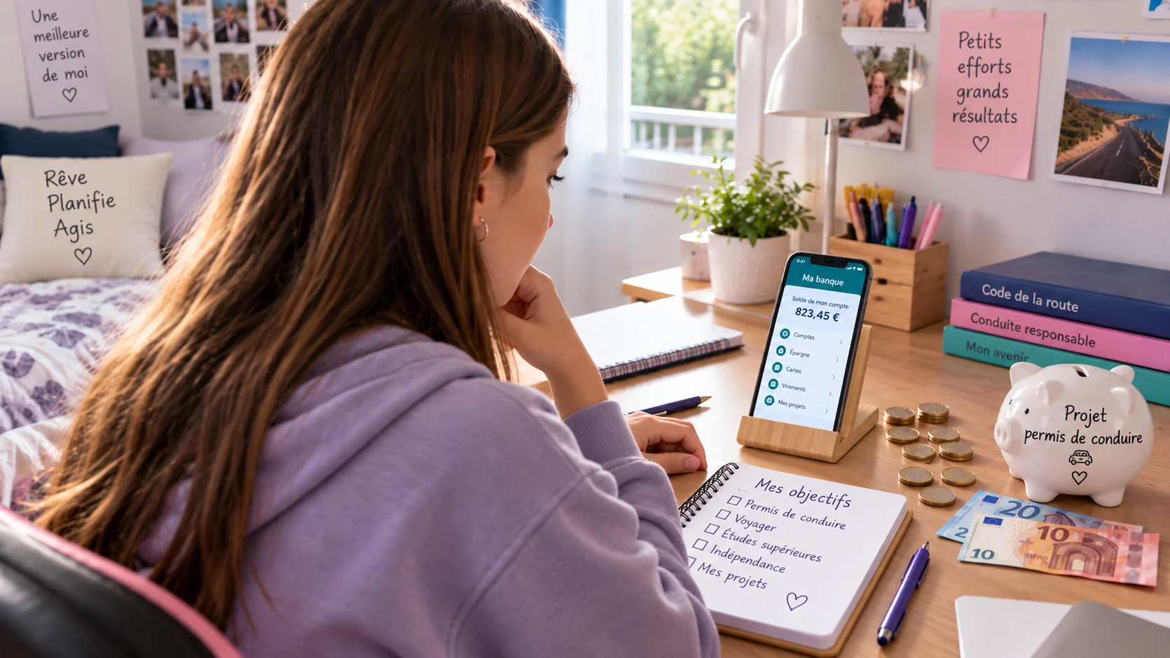Adolescente de 15 ans à son bureau regardant son application bancaire sur smartphone, tirelire avec étiquette Projet permis de conduire et cahier de notes sur le bureau