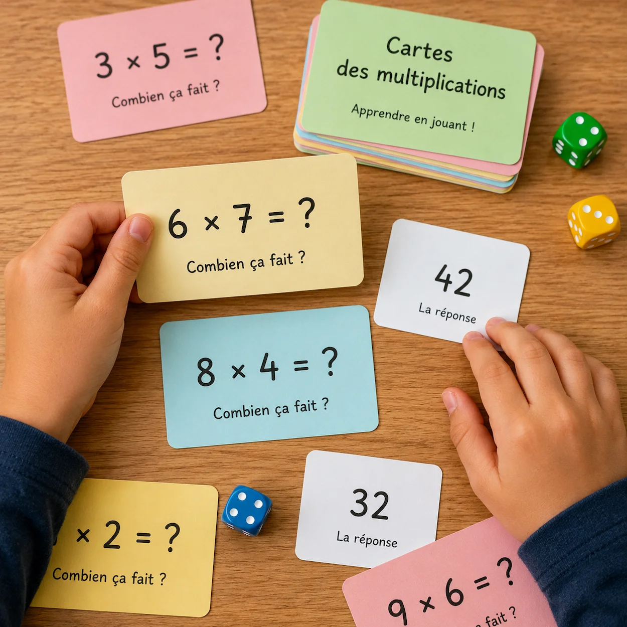 Enfant jouant avec des flashcards de multiplication sur une table en bois