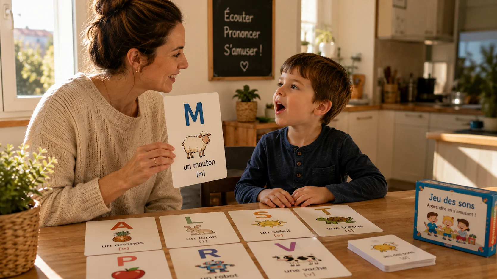 Mere et fils jouant a un jeu de flashcards de phonologie a la table de cuisine, la mere tenant une carte avec la lettre M et le fils faisant le son [m]