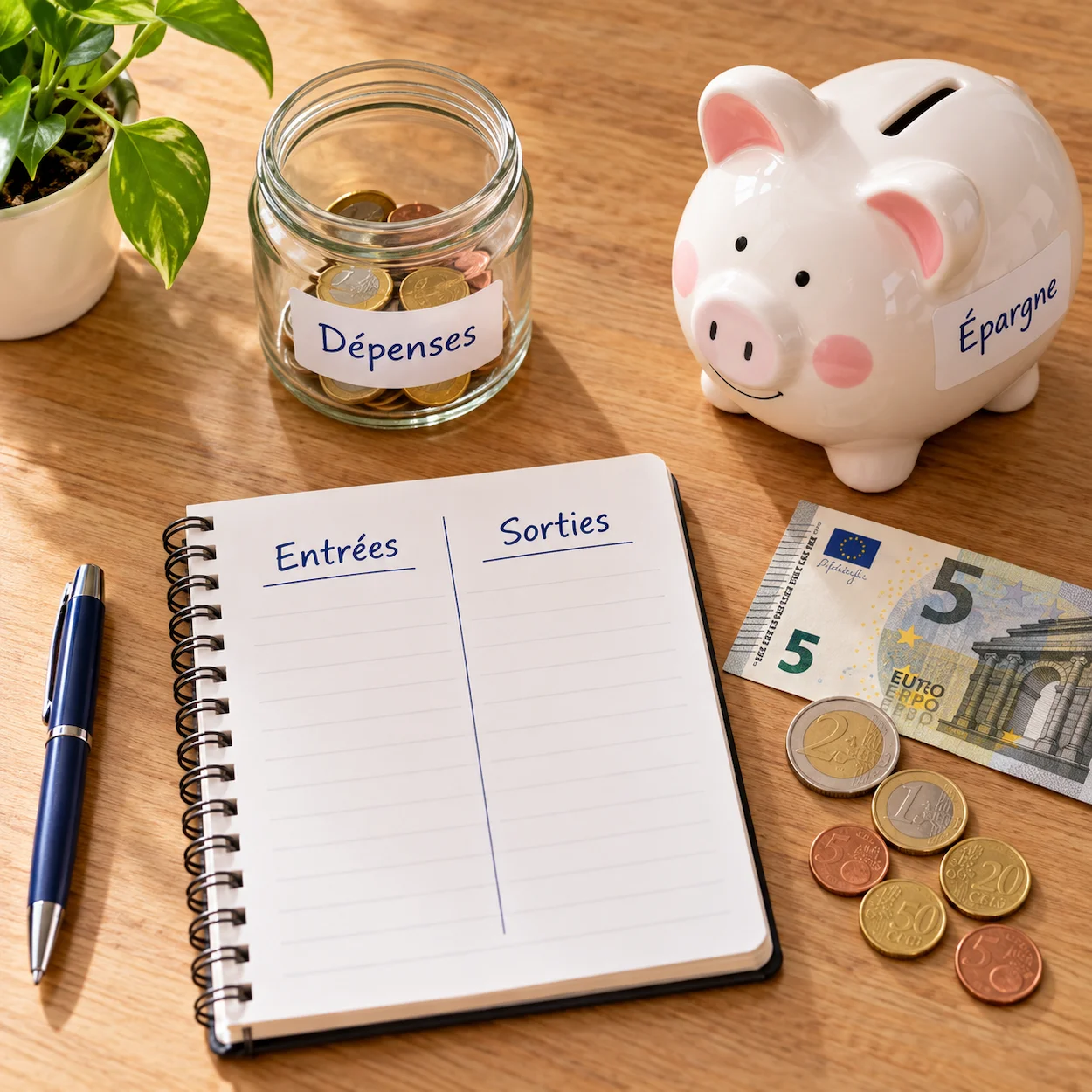 Flat-lay budget argent de poche enfant avec pot Depenses pot Epargne carnet budget et billet de 5 euros
