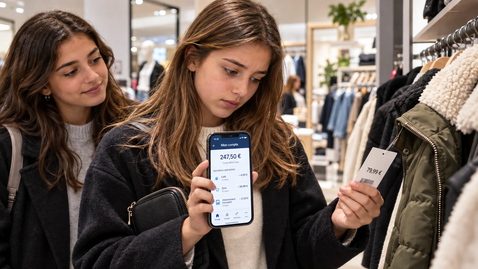 Adolescente francaise dans un magasin regarde un prix et son solde bancaire sur son telephone avant d'acheter