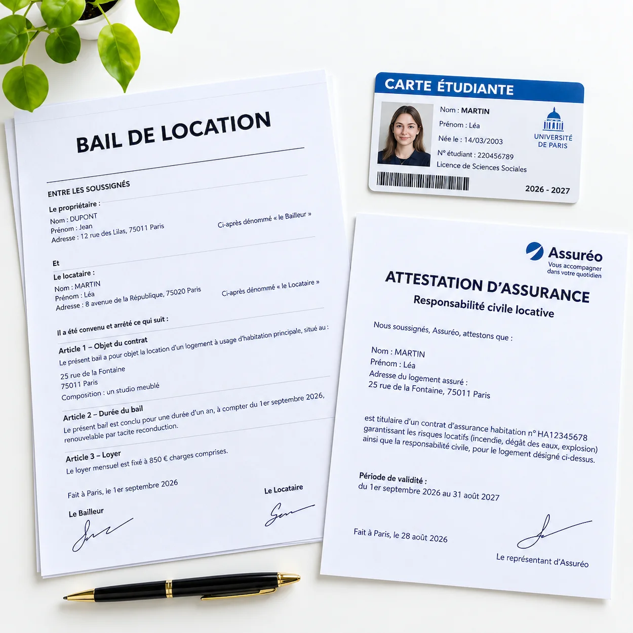 Flat-lay sur surface blanche des documents nécessaires pour l'assurance habitation étudiant : bail de location, carte étudiant, attestation d'assurance et stylo