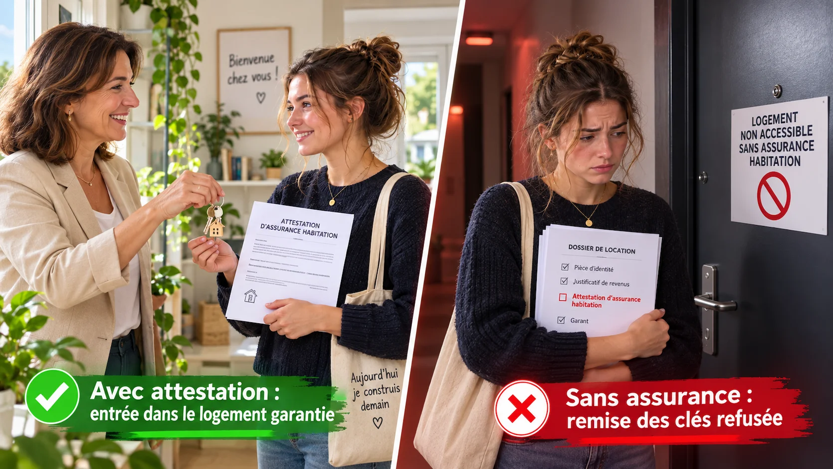 Comparaison côte à côte : à gauche étudiant souriant remettant attestation d'assurance au propriétaire, label vert Avec attestation : entrée garantie ; à droite étudiant stressé devant porte fermée, label rouge Sans assurance : remise des clés refusée