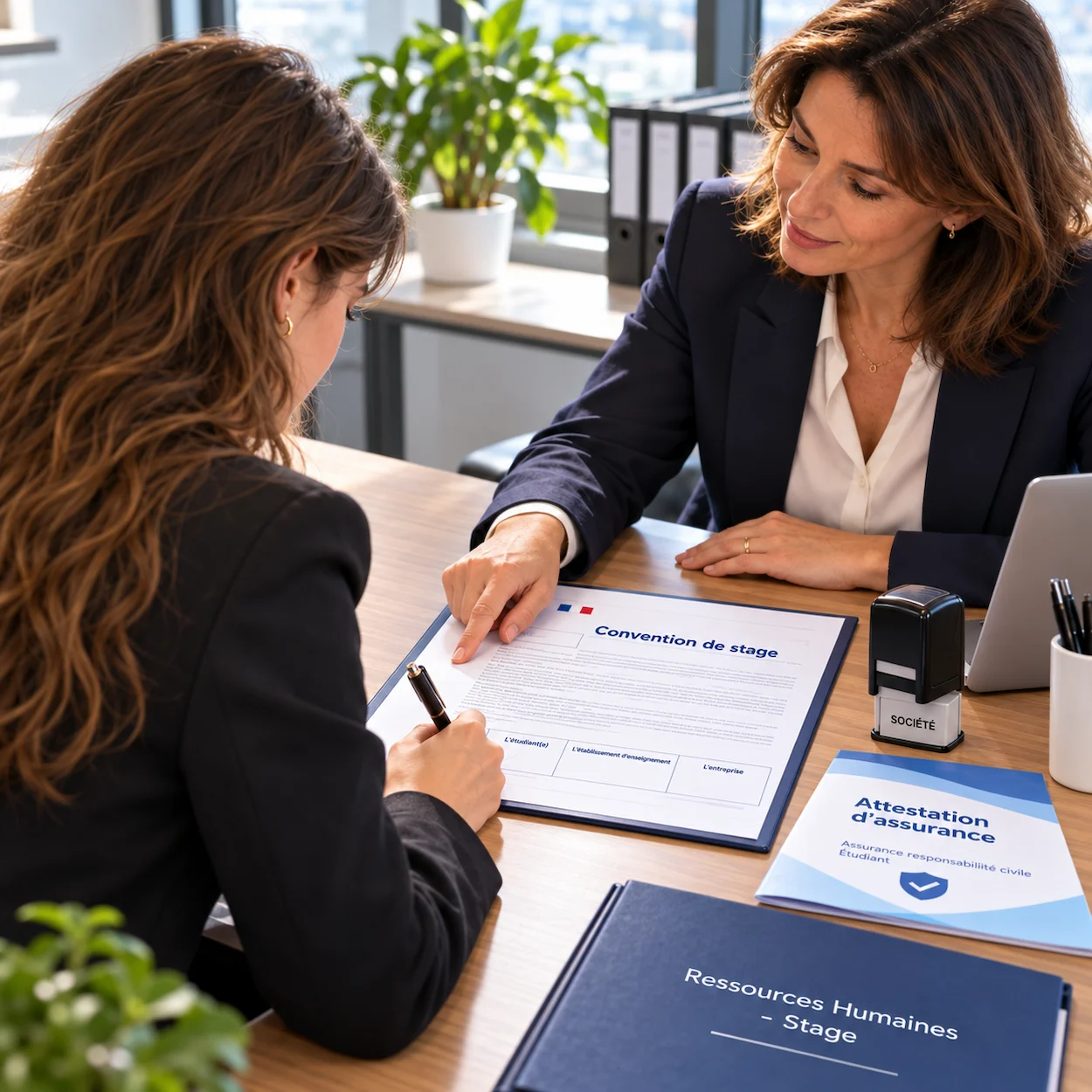 Etudiante signant une convention de stage avec un responsable RH dans un bureau professionnel