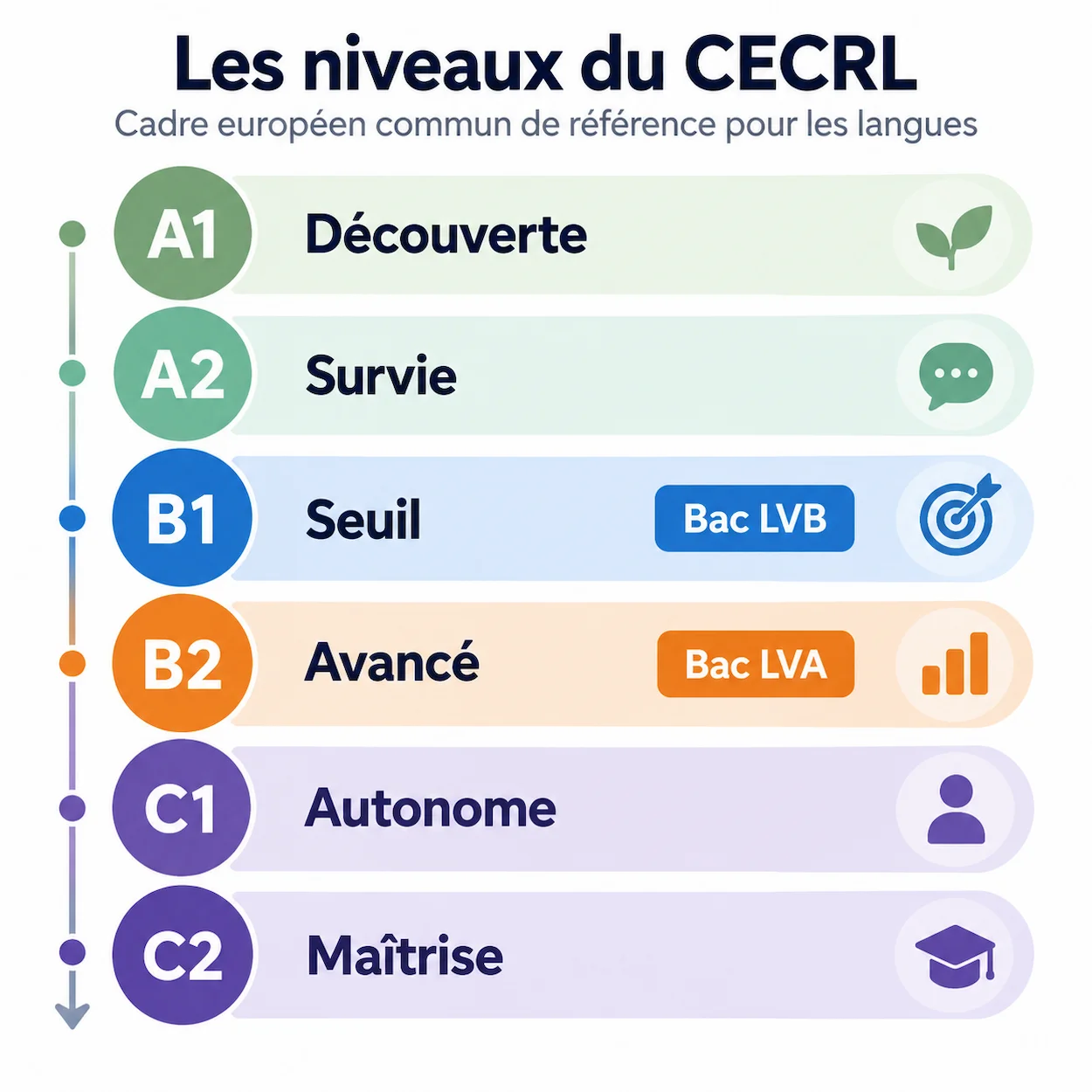 Infographie des 6 niveaux CECRL de A1 à C2 avec B1 pour LVB bac et B2 pour LVA bac surlignés