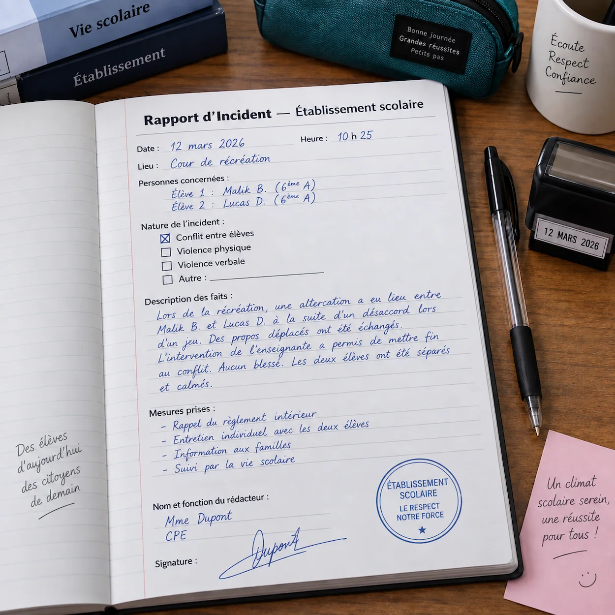 Carnet de rapport d incident scolaire ouvert sur un bureau avec un stylo et un tampon officiel