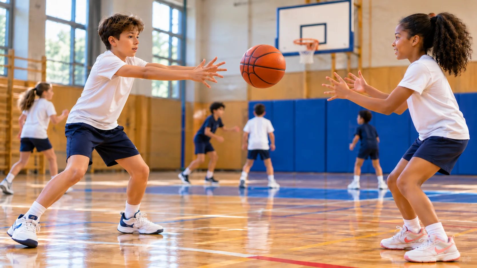 Deux enfants de primaire pratiquent la passe à deux mains en gym scolaire, l'un tendant les bras vers l'autre qui présente ses mains prêtes à recevoir