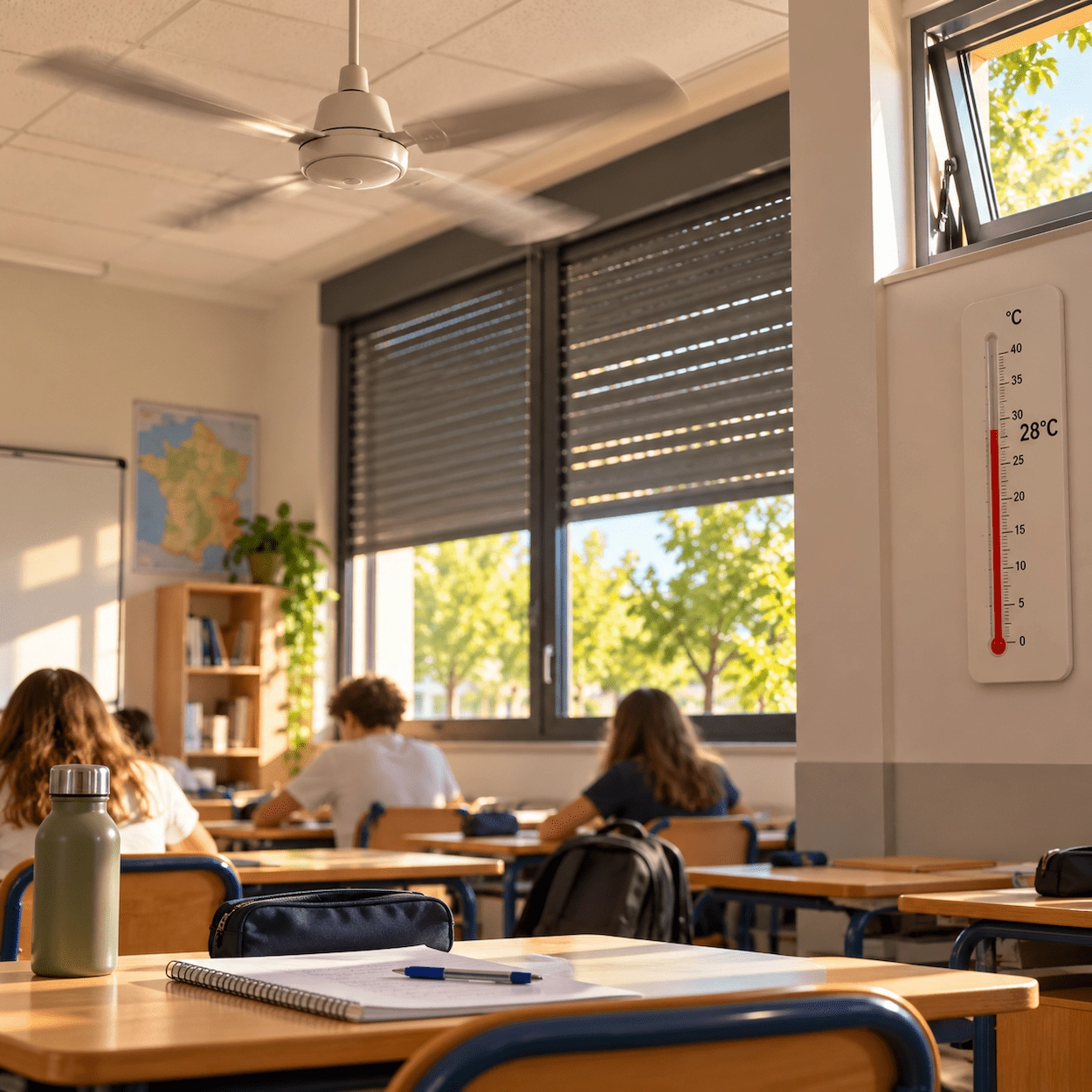 Salle classe école canicule brasseur d air ventilateur stores fermés thermomètre chaleur été France