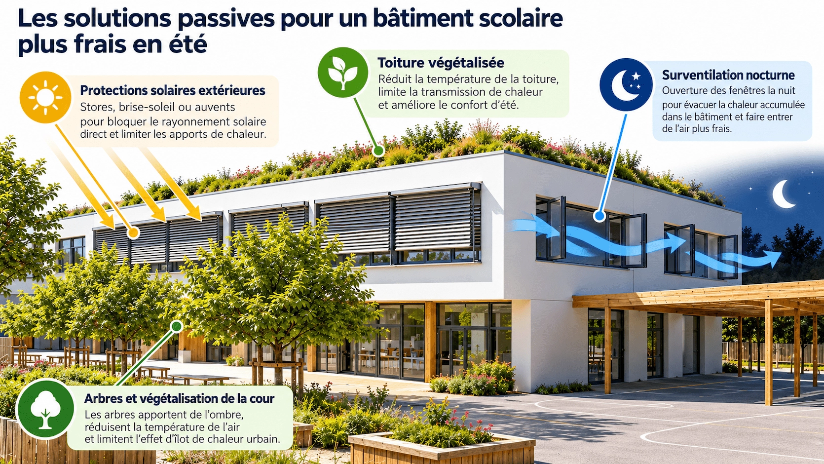 Schéma techniques passives rafraîchissement bâtiment scolaire surventilation nocturne stores toiture végétalisée
