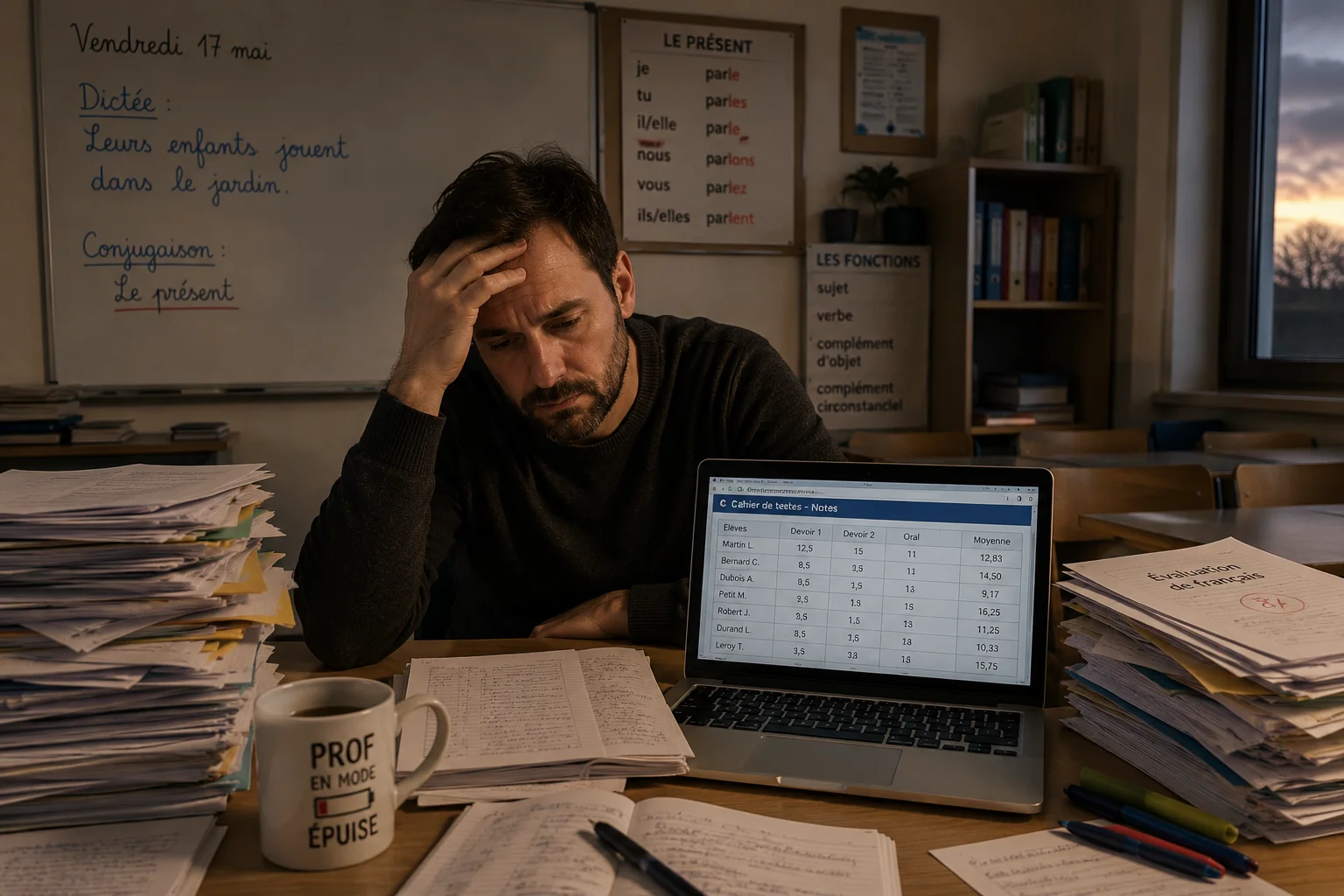 Un enseignant français assis seul à son bureau dans une salle de classe vide après les cours, entouré de piles de copies à corriger, l'air épuisé et surchargé