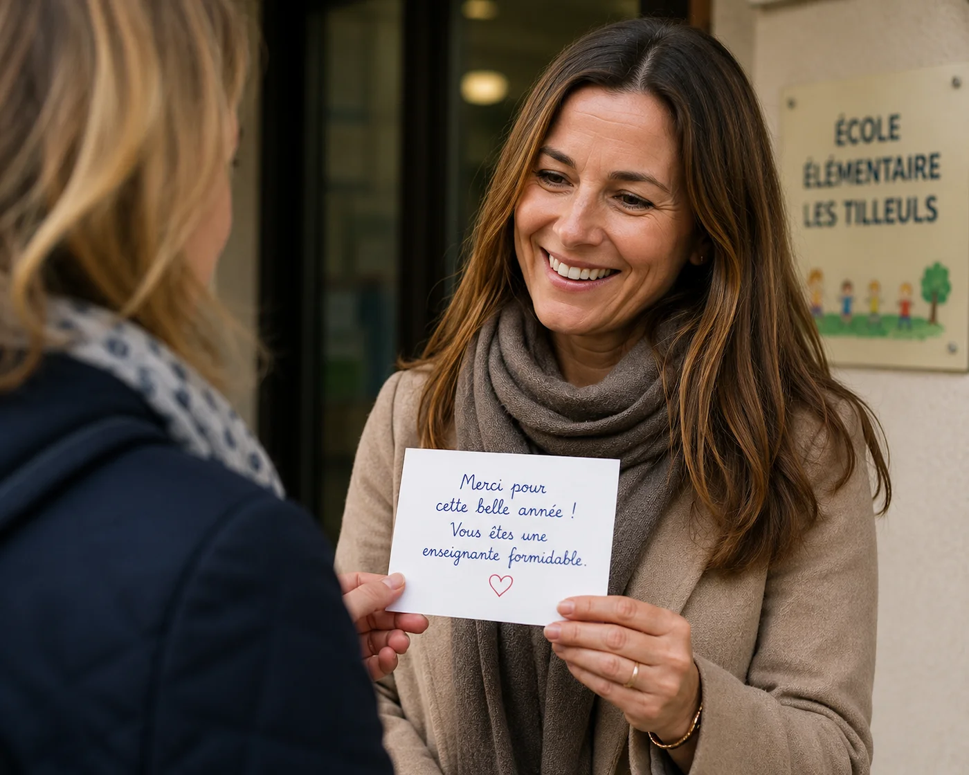 Un parent français tend un petit mot de remerciement écrit à la main à un enseignant à l'entrée de l'école, l'enseignant sourit chaleureusement en le recevant