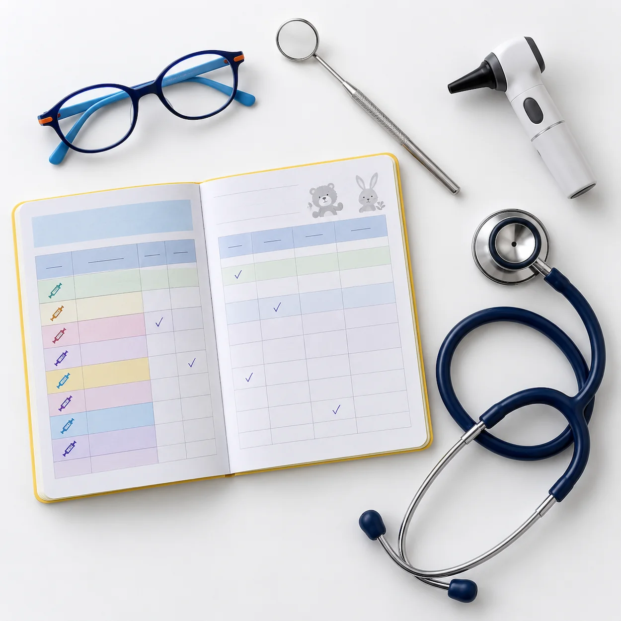 Carnet de santé ouvert, lunettes d'enfant, miroir dentaire, audioscope et stéthoscope posés sur surface médicale blanche
