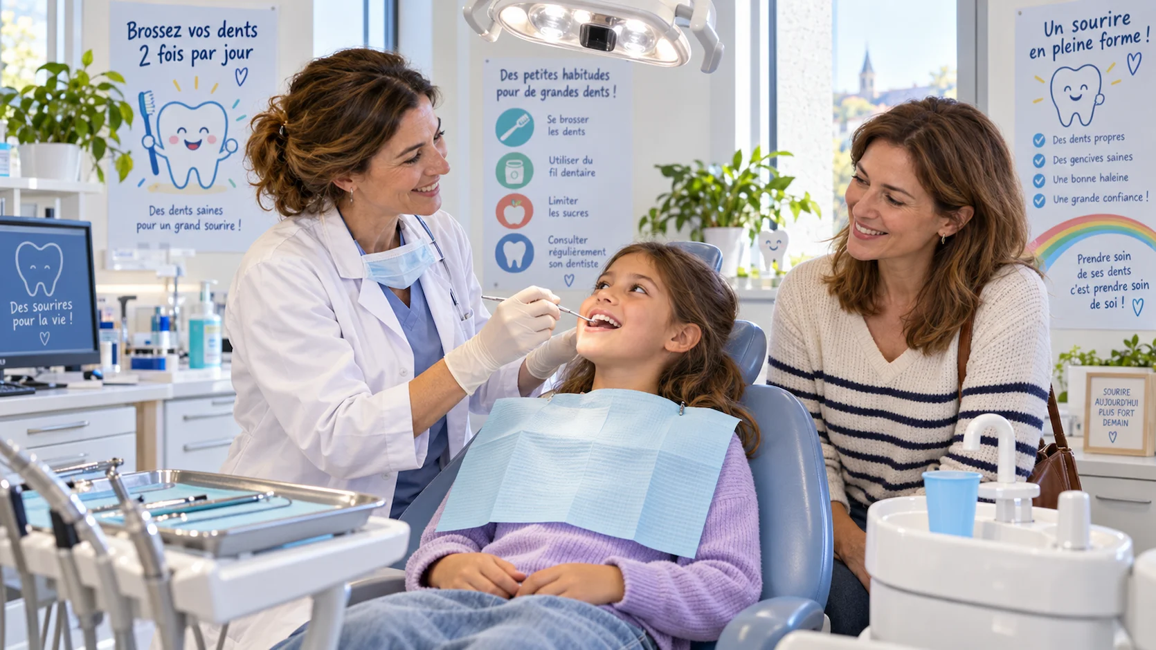 Mère et fille de 9 ans chez la dentiste, l'enfant souriante dans le fauteuil avec la dentiste qui examine ses dents