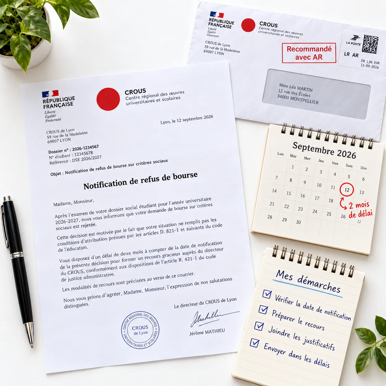 Flat-lay d''un bureau avec une lettre officielle CROUS de notification de refus de bourse, une enveloppe recommandée avec AR, un stylo, un calendrier avec délai de 2 mois encerclé et un carnet de notes avec les étapes du recours gracieux en français