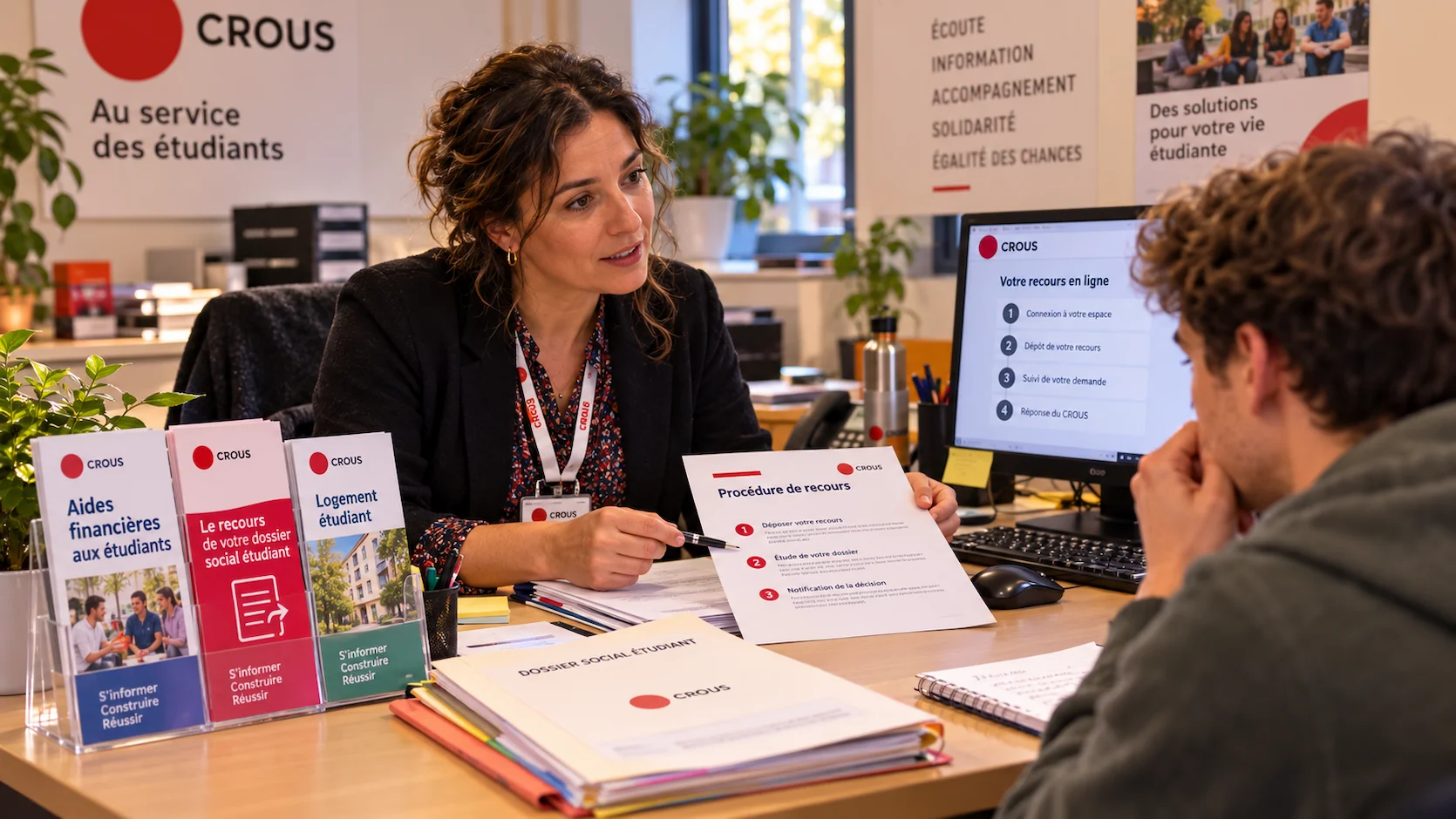 Assistante sociale du CROUS française d''une trentaine d''années qui explique la procédure de recours à un étudiant dans un bureau universitaire avec des documents officiels en français sur le bureau