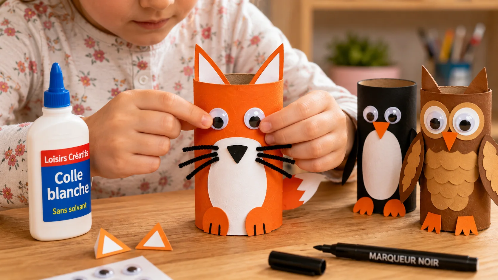 Gros plan sur les mains d'un enfant collant des yeux mobiles sur un rouleau de papier toilette peint en orange pour faire un renard, avec d'autres figurines terminées visibles en arrière-plan