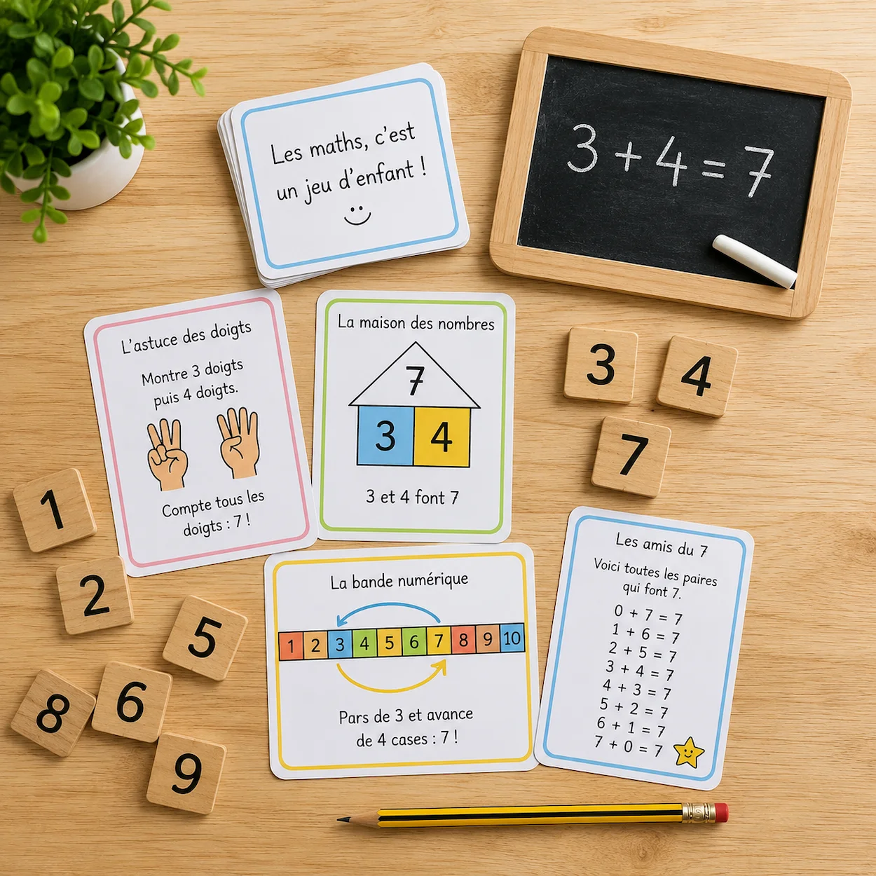 Cartes de calcul mental colorées, ardoise et chiffres en bois sur une table en bois — matériel ludique pour apprendre les maths