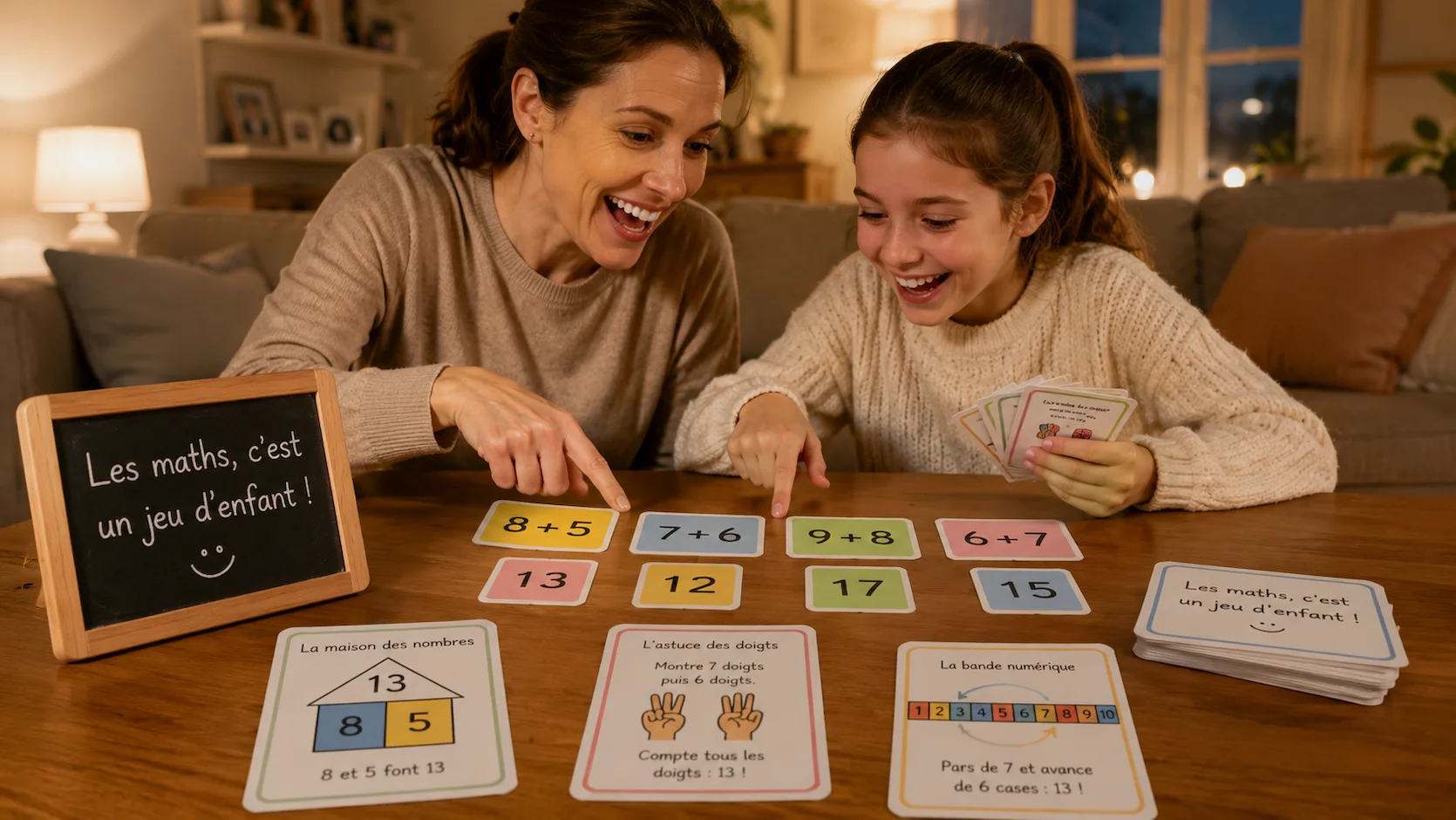 Mère et fille jouant ensemble à un jeu de cartes de calcul mental dans le salon, toutes deux souriantes