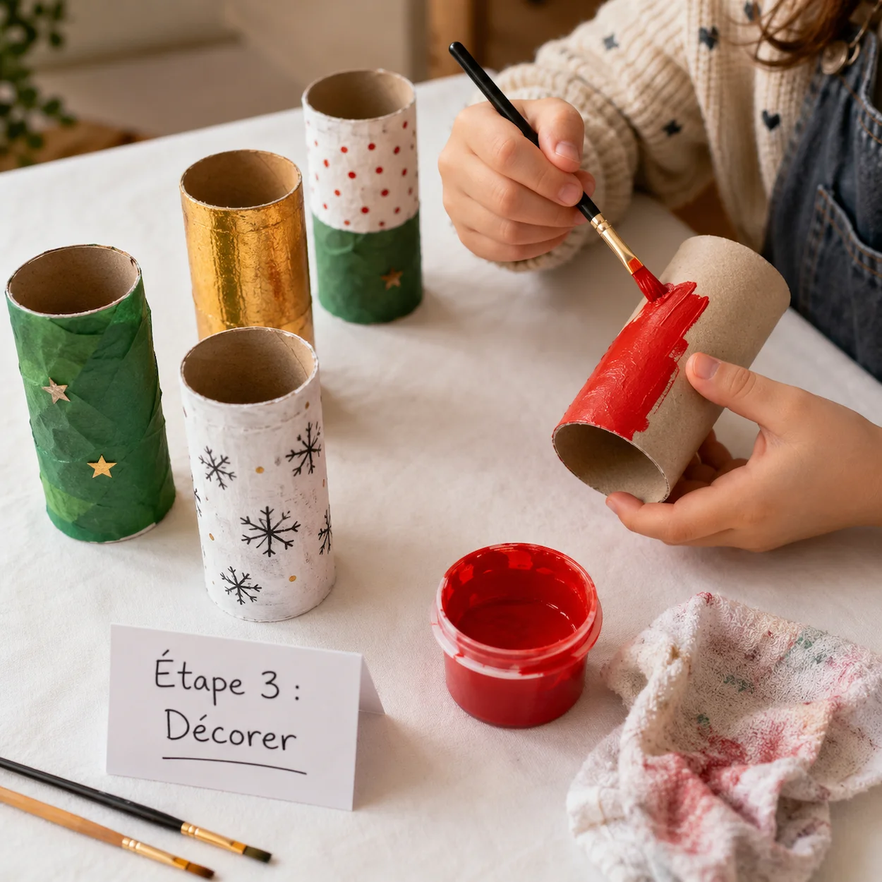 Étape 3 : mains d'enfant peignant un rouleau de papier toilette en rouge avec un pinceau et de la gouache, autres rouleaux décorés en vert, or et blanc avec flocons dessinés en arrière-plan