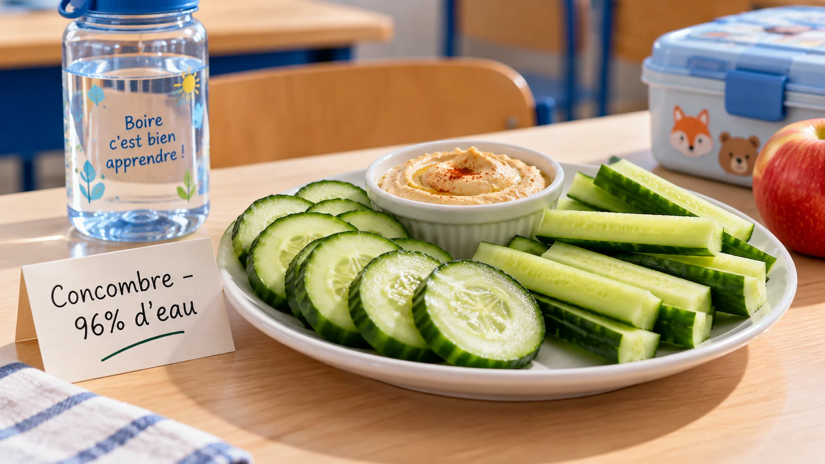 Concombre coupe en rondelles et en batons disposes sur une assiette blanche avec un petit pot de houmous pour tremper. Etiquette manuscrite Concombre - 96% d eau. Bouteille d eau en arriere-plan.