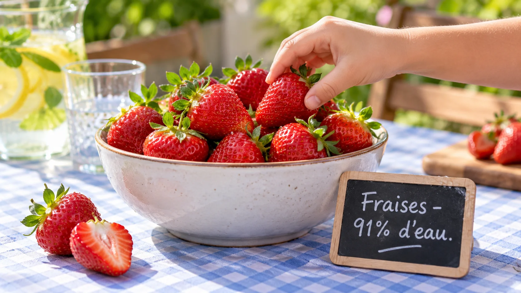 Bol de fraises rouges fraiches avec des gouttes d eau, sur une nappe carreaux bleu pale. Une etiquette indique Fraises - 91% d eau. Une main d enfant attrape une fraise. Lumiere naturelle estivale.