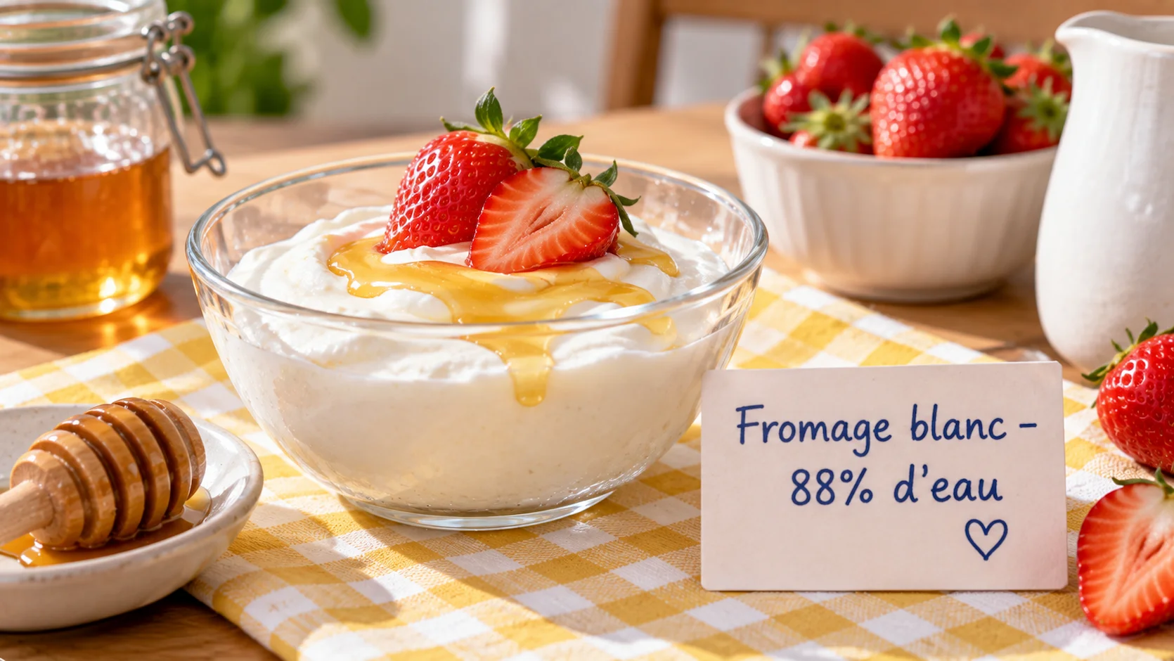 Petit bol en verre de fromage blanc nature garni d une fraise fraiche et d un filet de miel. Etiquette manuscrite Fromage blanc - 88% d eau. Nappe jaune a carreaux, lumiere naturelle douce.