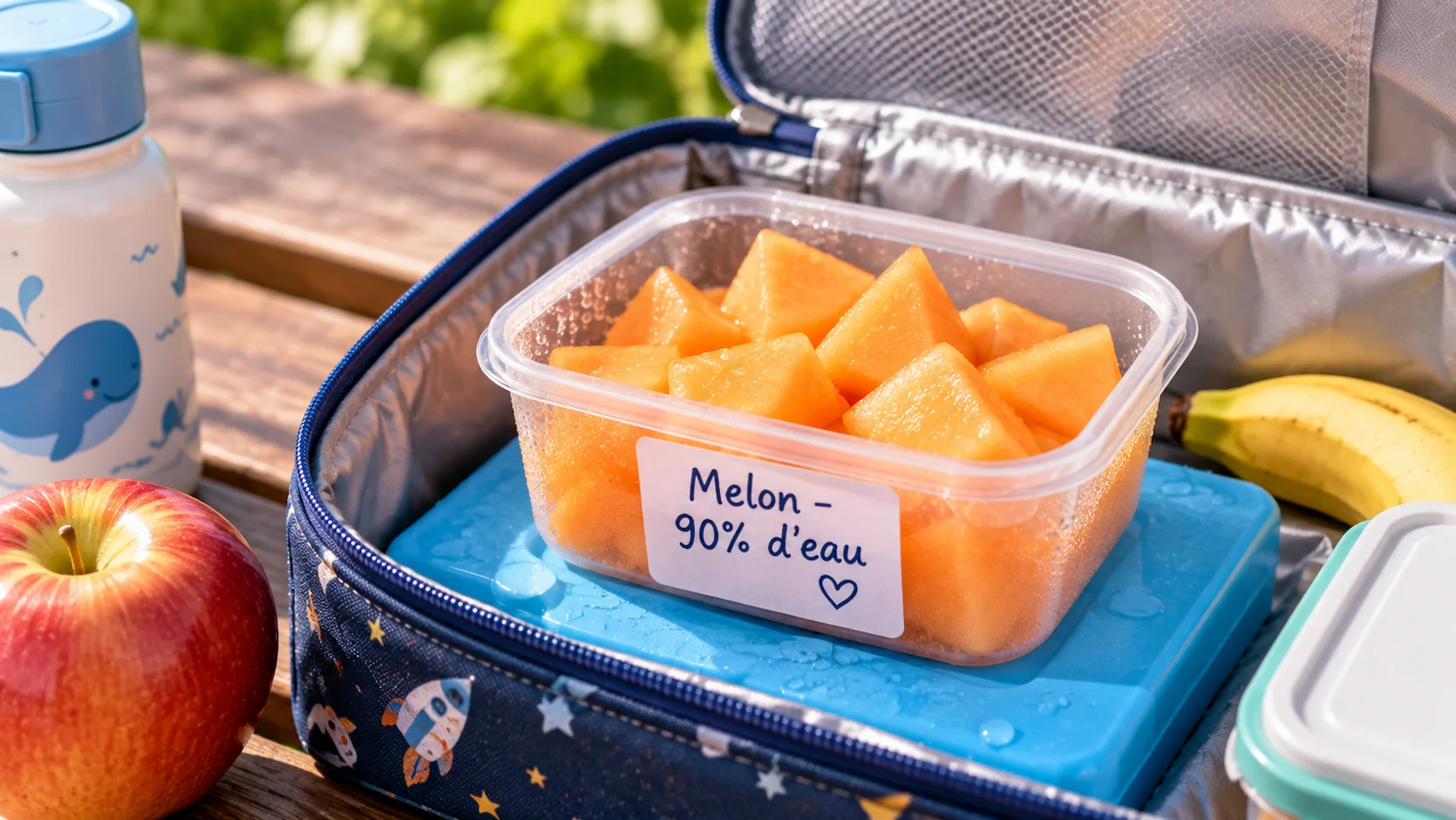 Cubes de melon cantaloup orange dans un petit contenant transparent, pose sur un pack refrigerant dans une boite a gouter. Etiquette manuscrite Melon - 90% d eau. Presentation fraiche et coloree.