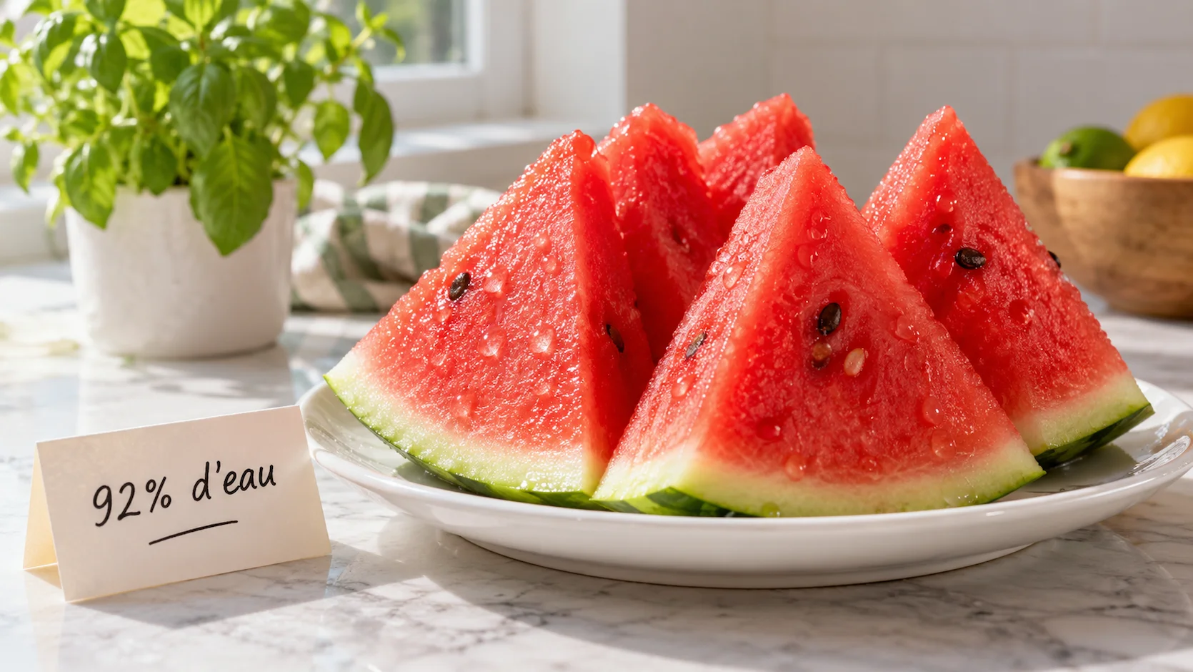 Tranches de pasteque fraiches en forme de triangles disposes sur une assiette blanche avec des gouttes d eau sur la chair rouge. Carte indiquant 92% d eau posee a cote. Lumiere naturelle sur table de cuisine.