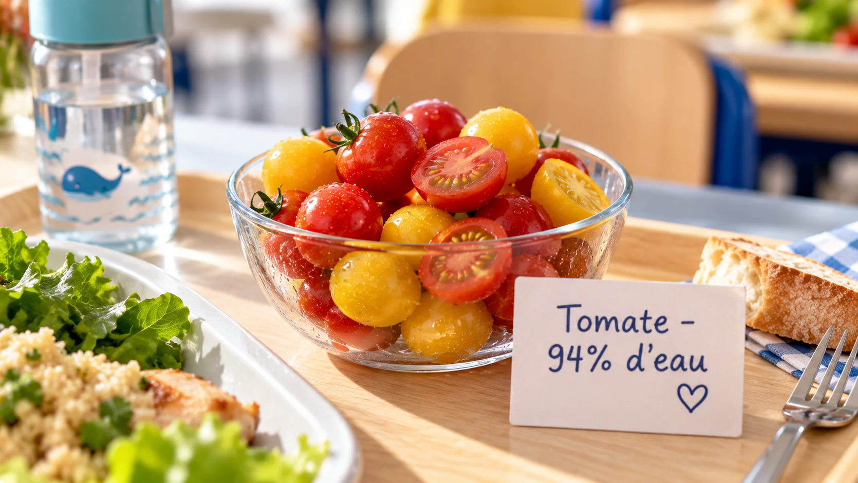 Melange de tomates cerises rouges et jaunes dans un petit bol en verre, certaines coupees en deux montrant leur chair juteuse avec des gouttes d eau. Carte indiquant Tomate - 94% d eau. Plateau de cantine.